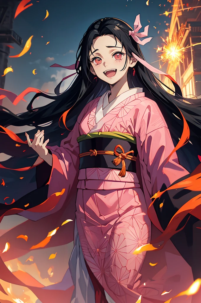 anime, hdr, soft light, ((best quality)), ((masterpiece)), (detailed), nezuko, black hair, forehead, open mouth smiling,  big fangs, very long hair, hair ribbon, japanese clothes, pink kimono, multicolored hair, pink ribbon, cleavage, standing, destruction, sparks,  