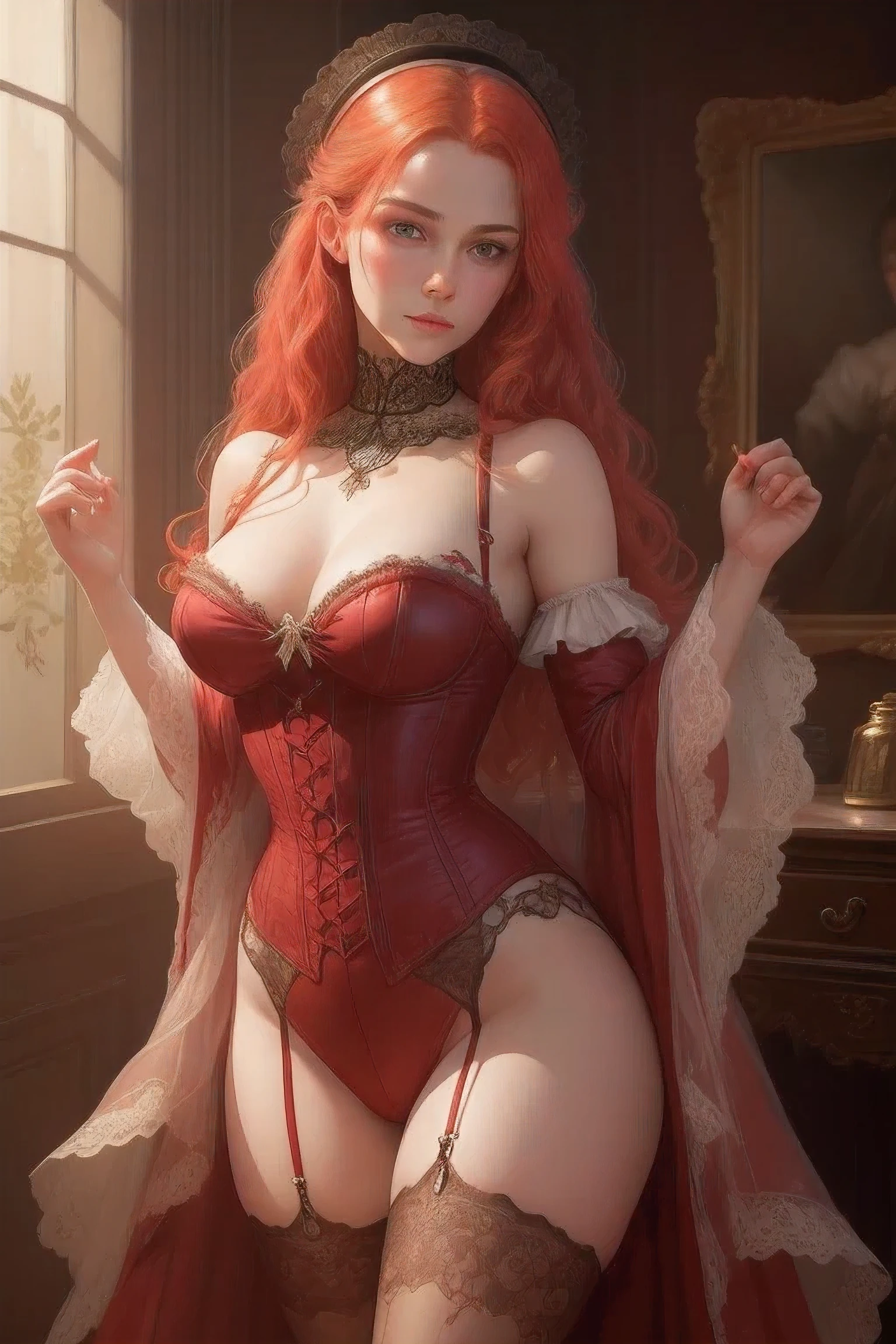 Stepping back in time with this mesmerizing pencil portrait of a Victorian era beauty, red hair. ✨🎨extremely detailed,wearing lacy translucent lingerie and stockings, 8k,masterpieces,inspired by greg rutkowsky,karol bak,charlie bowater,enchanted all stylish,