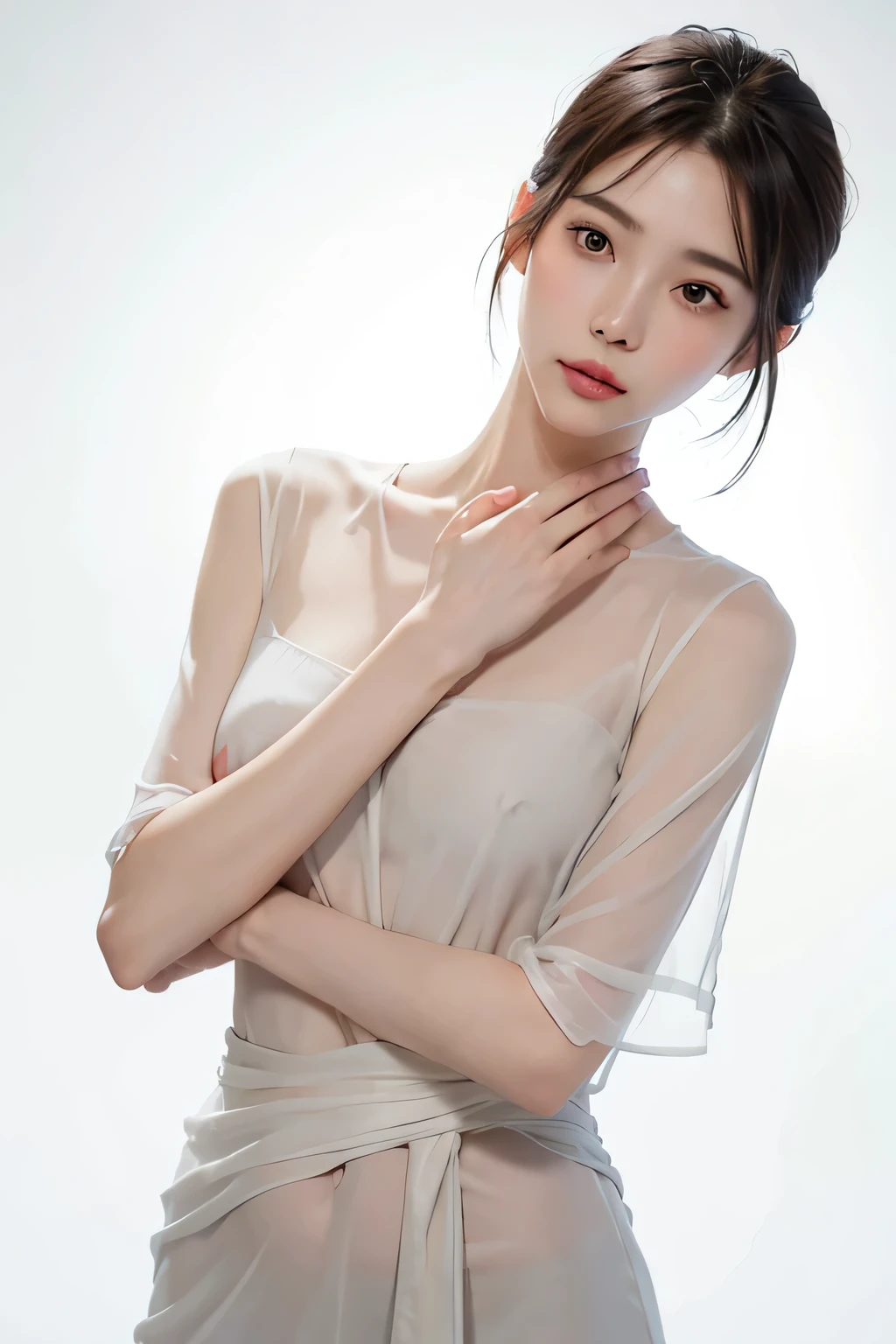 8k、close、clear eyes、thin legs、skinny、expensive鼻、beautiful skin、no makeup、slimming、Place your hands behind your body、Hide your hands、fold your hands behind your back、Put your hands around your waist、expensive、long jaw、short hair、handsome face、beautiful girl、thin lips、Transparent face