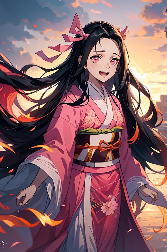 anime, hdr, soft light, ((best quality)), ((masterpiece)), (detailed), nezuko, black hair, forehead, open mouth smiling, eyes closed big fangs, very long hair, hair ribbon, japanese clothes, pink kimono, multicolored hair, pink ribbon, cleavage, standing, destruction, sparks,  
