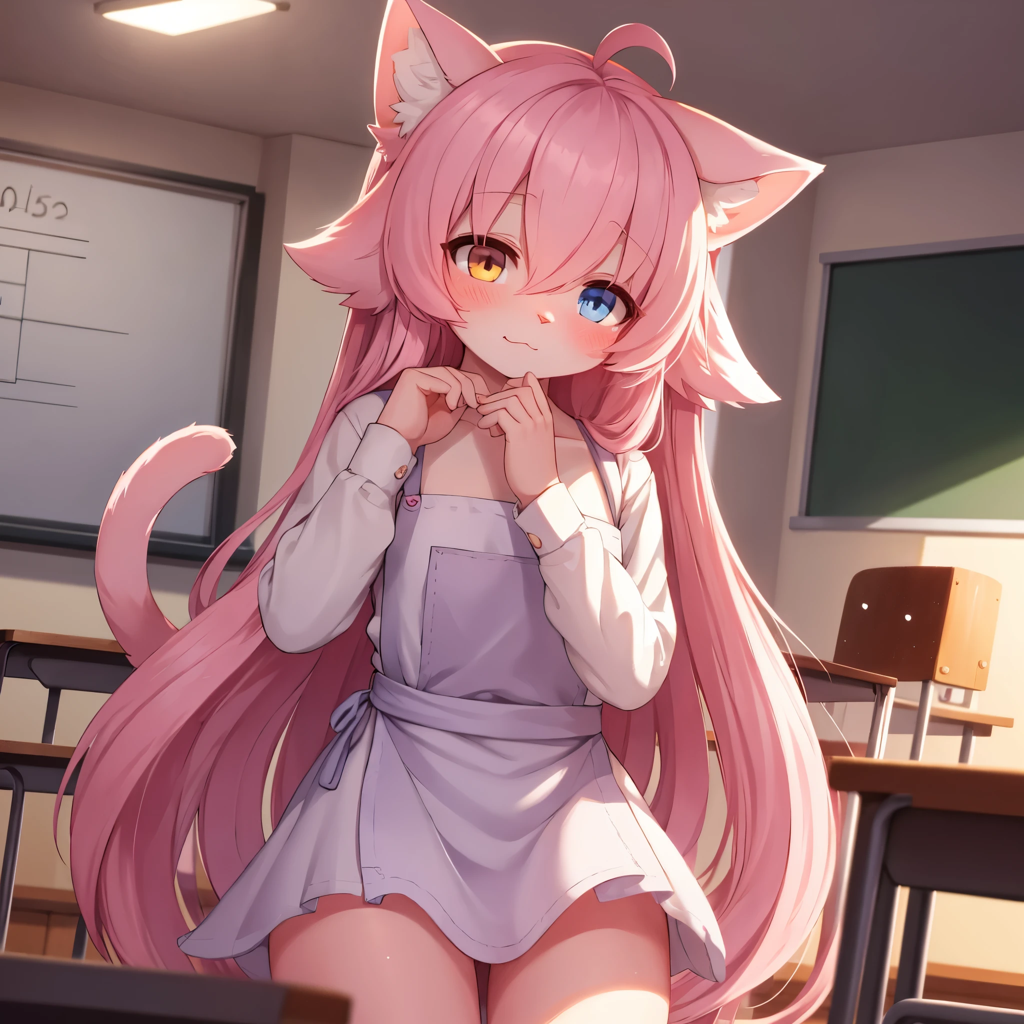 cat girl,furry,long hair,pink fur.naked apron,pooking at viewer,full face blush,classroom,night,light and shadow,:o,shy face