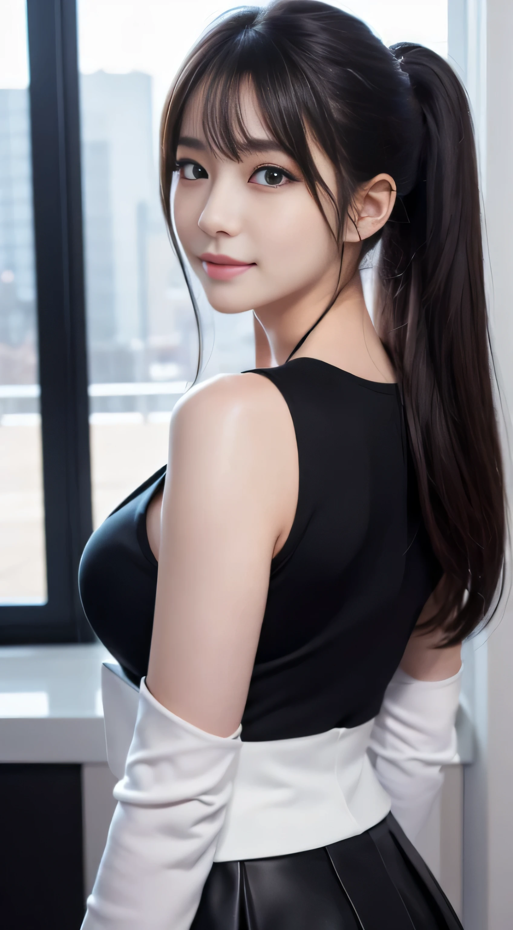 (absurd、High resolution、Super detailed)、Beautiful woman、close up of face、Facial emphasis、surface focus、Woman Standing In Office District、、Skyscraper behind((angle from below))、22、18、long straight hair、)(ponytail)Beautiful shiny hair、beautiful skin、luscious skin、beautiful eyes、With bangs、Away from the shoulders、eye highlights、Unbroken hands、rich lighting、pale pink lip、soft lips、mouth slightly open、High-definition CG uniform 8K wallpaper、 attention to detail、portrait、vision、alone、detailed face、smile a little、dynamic pose、Beautiful blue eyes that shine, medium breasts, (best illustrations: 1.1), 、shiny skin。realistic、Photoreal:1.37)、Photo of a woman in black Japan(beautiful breasts)、、suit、((White jacket front opening、black tight mini skirt))、watching from a distance、(K-POP idol)、(alone)、)((sexy pose))、