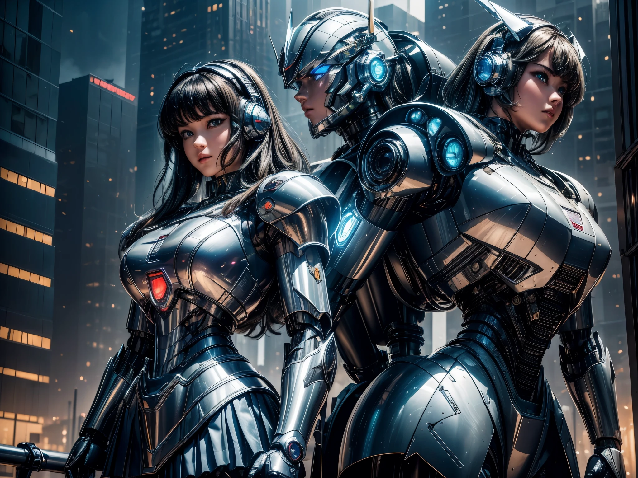 A schoolgirl stands in front of a towering Mecha Warrior. The schoolgirl has beautiful detailed eyes, detailed lips, and a fascinated expression on her face. She wears a school uniform with a pleated skirt and carries a backpack. The Mecha Warrior is made of metal, with a shiny chrome surface. It is gigantic, towering above the schoolgirl, and exudes power and strength. Its joints are well-defined, and the metallic texture is highly detailed. The Mecha Warrior emits a faint blue glow from various parts of its body, signaling an activated state. The background showcases a futuristic cityscape with flying vehicles and tall buildings. The colors are vibrant and infused with a touch of neon. The lighting is dramatic, with rays of sunlight breaking through the skyscrapers, casting shadows and highlights on the and the Mecha Warrior. The overall image quality is of the best quality, with ultra-detailed and photorealistic rendering. It captures every minute detail, from the reflection in the mecha's metallic surface to the folds in the 's uniform. The prompt reads: ", Mecha Warrior, beautiful detailed eyes, detailed lips, fascinated expression, school uniform, pleated skirt, backpack, metal material, shiny chrome surface, gigantic, powerful, metallic texture, blue glow, futuristic cityscape, flying vehicles, tall buildings, vibrant colors, neon accents, dramatic lighting, best quality, ultra-detailed, photorealistic rendering".