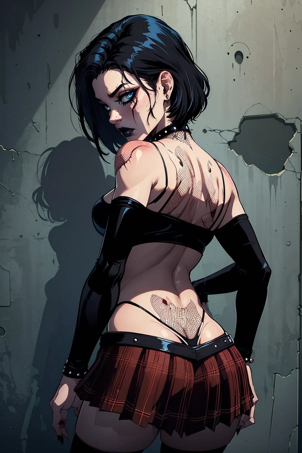 a woman with short black hair, hair on shoulders,  wearing a black cropped  and plaid skirt, blue eyes, zombie art, gothic art, cute aesthetic with vibe, toon aesthetic, wearing red costume, wearing gothic accessories, look like Cassie Hack, upper body, zombie background, backwards, looking back