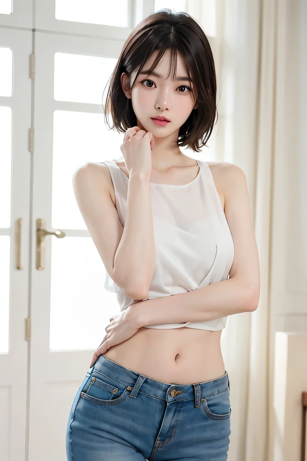 (((very detailed , 8k wallpaper, masterpiece, High resolution, highest quality))), ((Beautiful woman, Model-like posture, acrobatic pose,grunge fashion, wearing a camisole:1.2,)),((Very short denim bootie shorts)), ((very detailed顔, very detailed black eyes, extra detailed body, highest qualityのリアルテクスチャスキン)), (Short Bob Cut Hair,red hair, white skin, slim body,small butt,exposed belly), (kitchen), surreal, digital paint,soft lighting