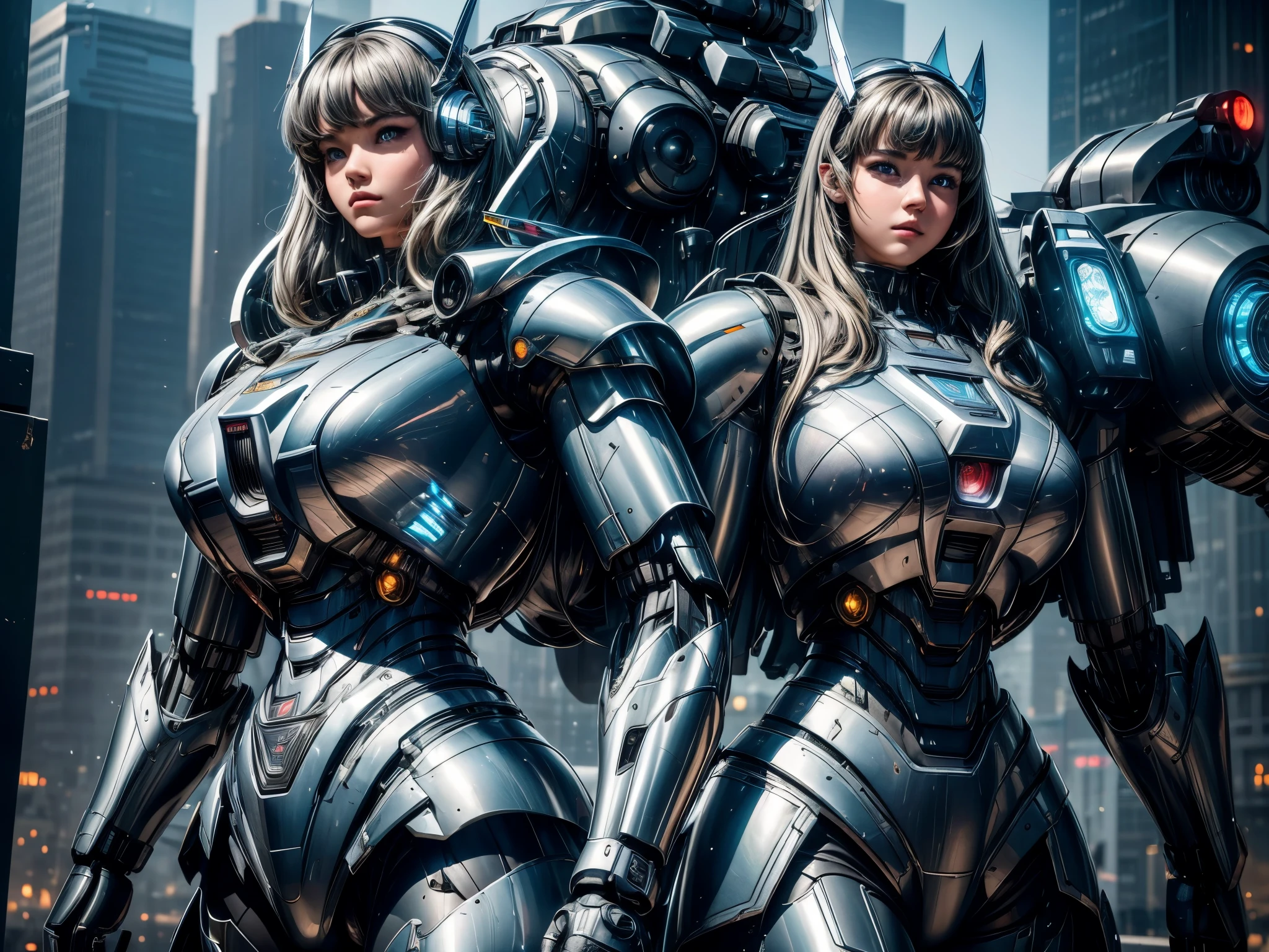 A girl fighting against a mecha warrior,illustration,mecha warrior,colorful explosion,shining lights,dystopian landscape,highly detailed mecha warrior,aggressive and determined expression,metallic armor,sparkling energy beams,bullet trails and smoke,powerful punches and kicks,slow motion movement,destructive battle scene,highres and realistic portrayal,studio lighting,anime style,contrasting colors,dramatic lighting.
