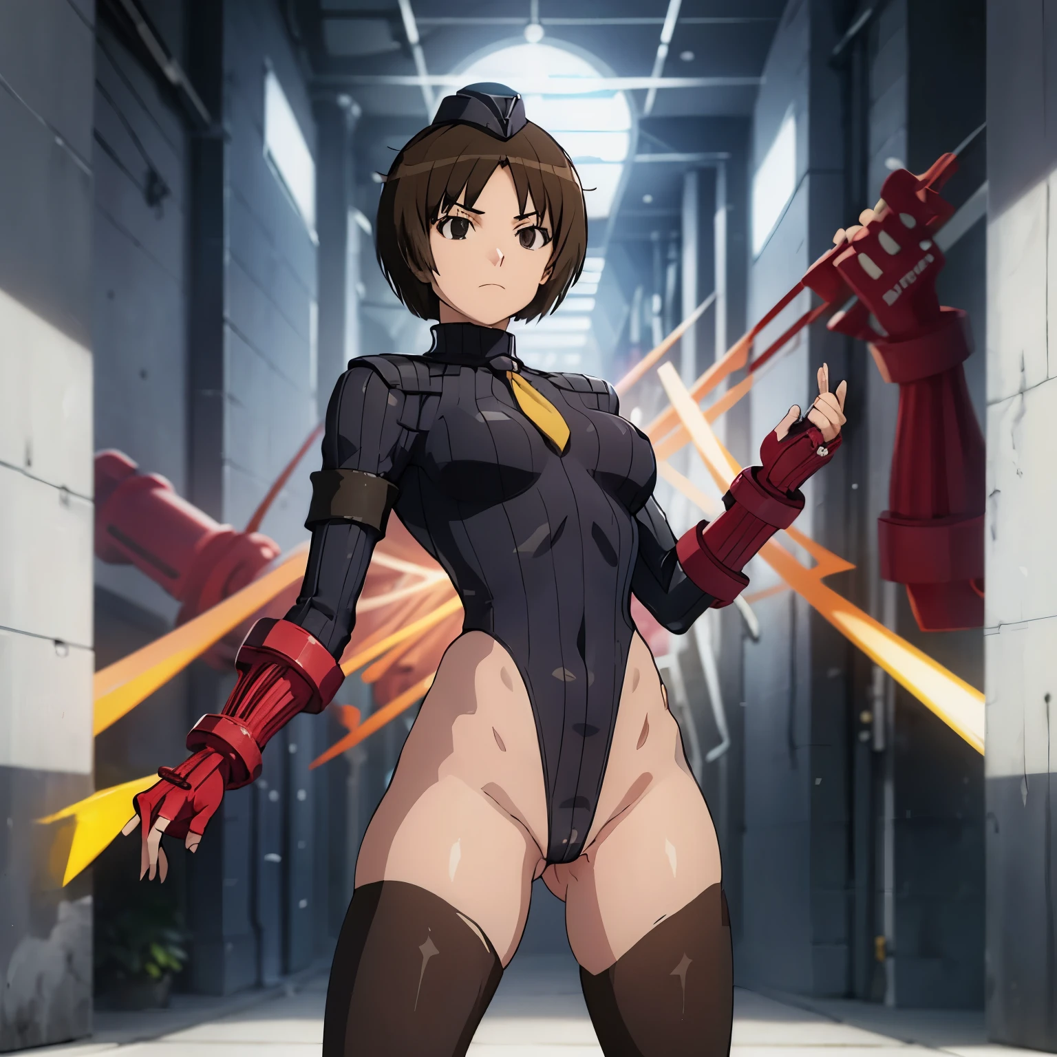 ultra-detailed, Explicit, Beautiful body, Beautiful Nose, Beautiful character design, perfect eyes, perfect face, ultra highres, 4K, beautiful legs, perfect legs, Nice hands, Perfect hand, Masterpiece, Best Quality, Highly detailed, illustration, absurdres, perfect anatomy, street fighter, doll suit, shadaloo doll, dollsuit, expressionless, blank eyes, looking at viewer, red gloves, emotionless, black latex, corrution, mind control, female combatant, full body, hypnotized, unhappy trance, full body suit, ribbed bodysuit, both arms at side, obey, perfect female body, extremely glossy latex, hypnosis, hypnoLora, empty eyes, Mind control device, poses, submissive_pose, Slave, stand up straight, standing, standing at attention, hat, necktie, belt, latex, ribbed bodysuit, thighhighs, garter belt, Fighting Stance, extending the right arm from the shoulder into the air with a straightened hand, military, thigh boots, 1girl, hair ornaments, Black Brown hair, short hair, black eyes, solo, 1girl, miya tachibana