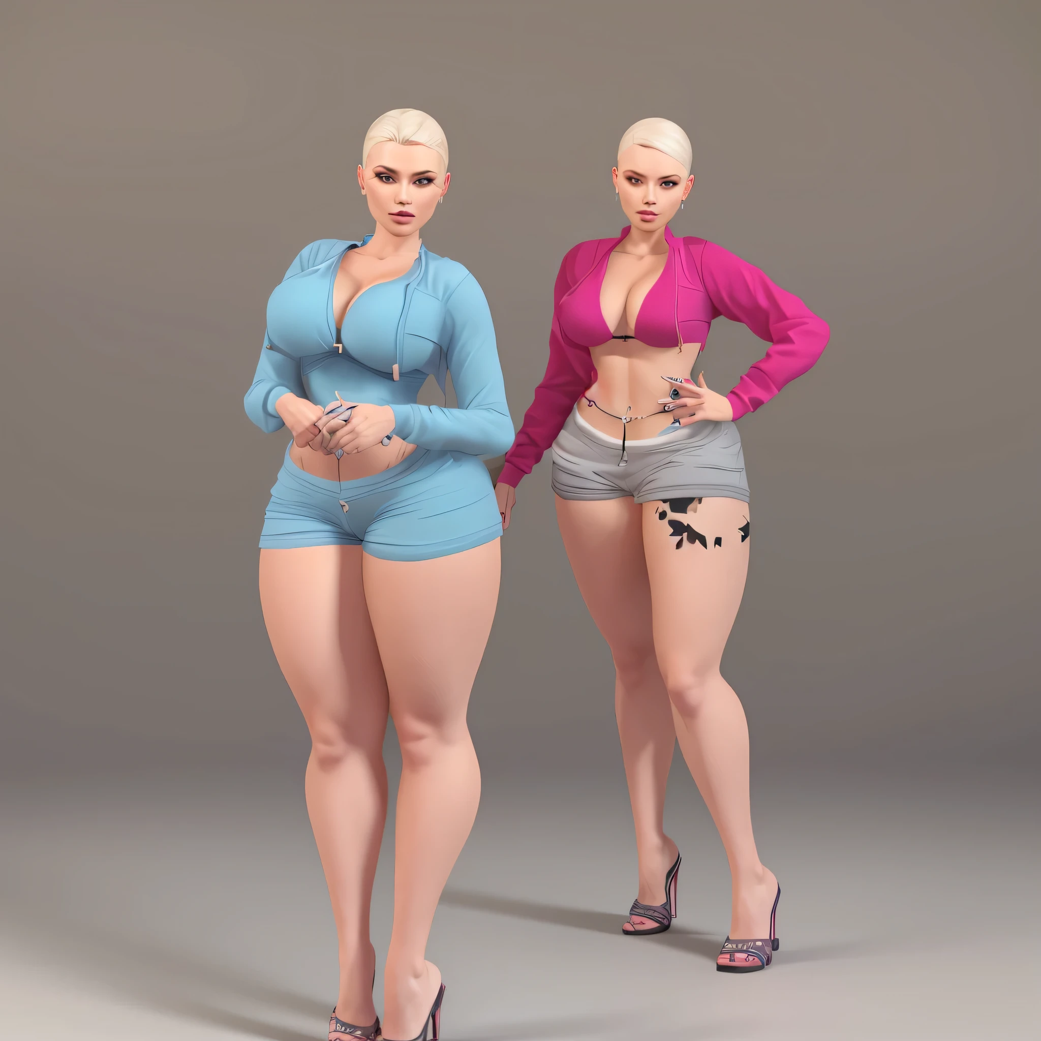 two women in short shorts and a pink top are standing next to each other, realistic body shape, in clothes! highly detailed, whole body highly detailed, highly detailed full body, realistic shaded perfect body, realistic body features and face, full body and head view, full body and head, imvu, full body and face, realistic skin color, unrealistic character concept