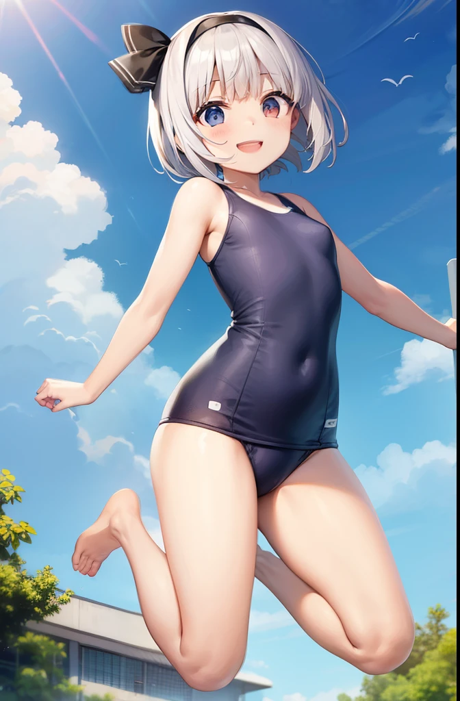 school swimsuit、Youmu、smile、barefoot、jumping、
