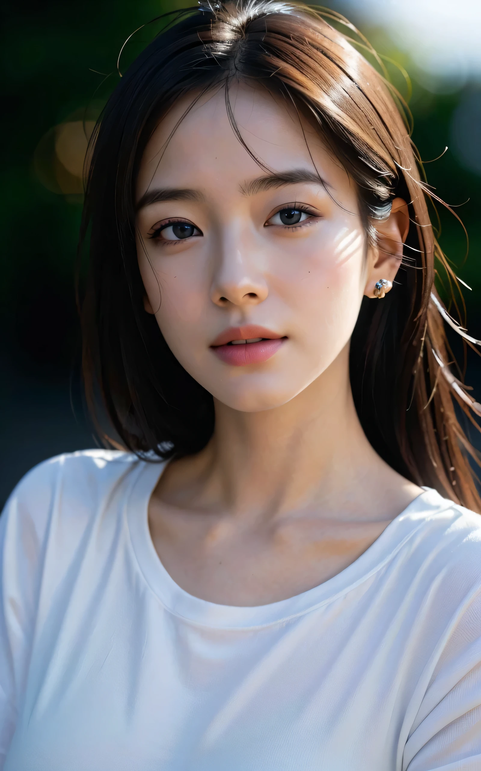 photo-realistic, surreal, cinematic lighting, 32K, 1 girl, look up, light shines on your face, Backlight, (bright light:1.2), (Improvement of quality:1.4), (Highest quality realistic textured skin:1.4), detailed eyes, detailed face, (Tired, sleepy and happy), close up of face, T-shirt, (Enhances the beauty of skin texture:1.1)