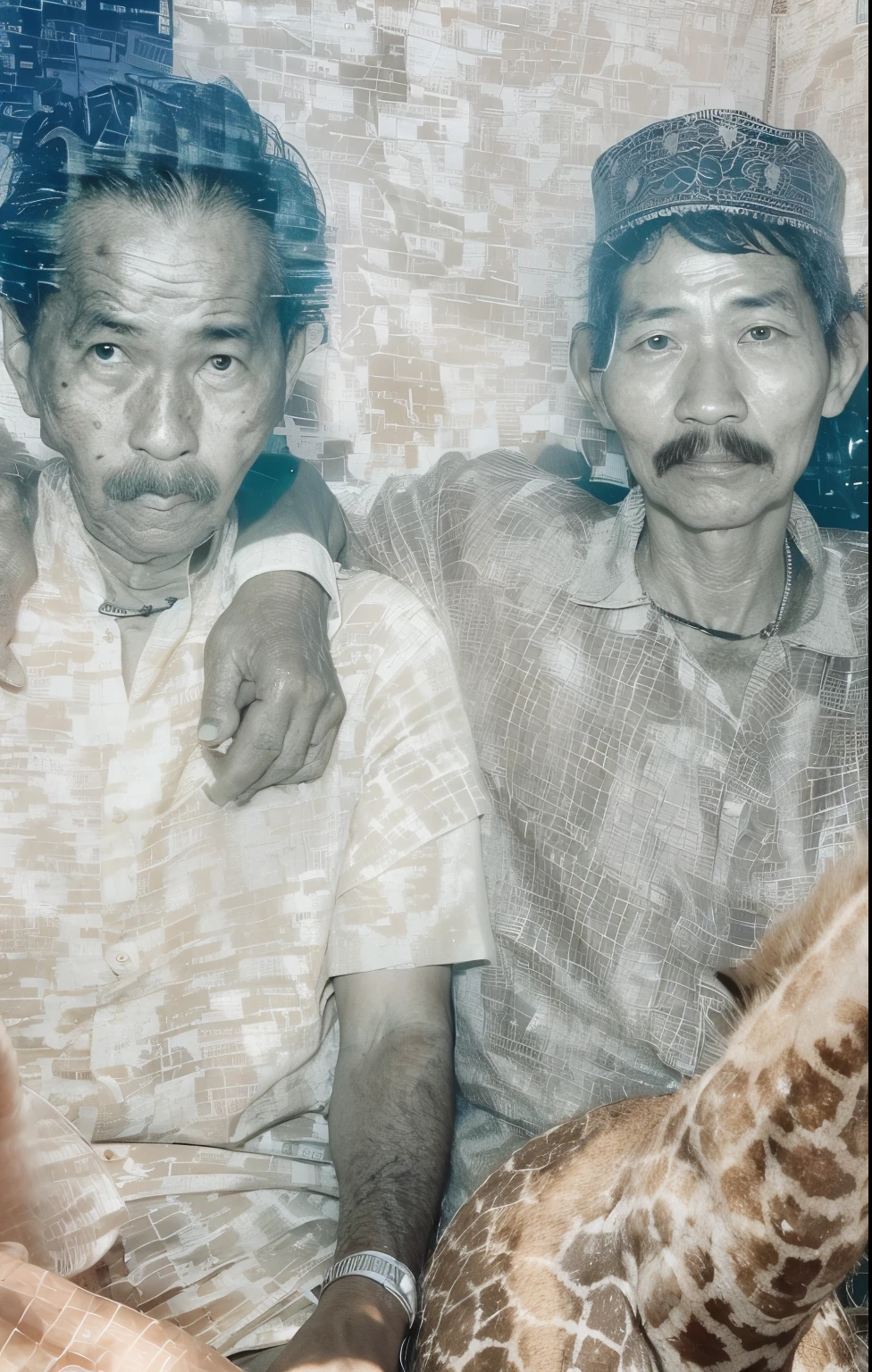 there are three people sitting together with a giraffe, old picture, grainy damaged photo, old photo, barong family member, aged photo, an indonesian family portrait, barong family, potrait, very known photo, damaged photo, grainy photo, old damagaed polaroid photo, very old photo, grainy vintage, old style photo, old photo style