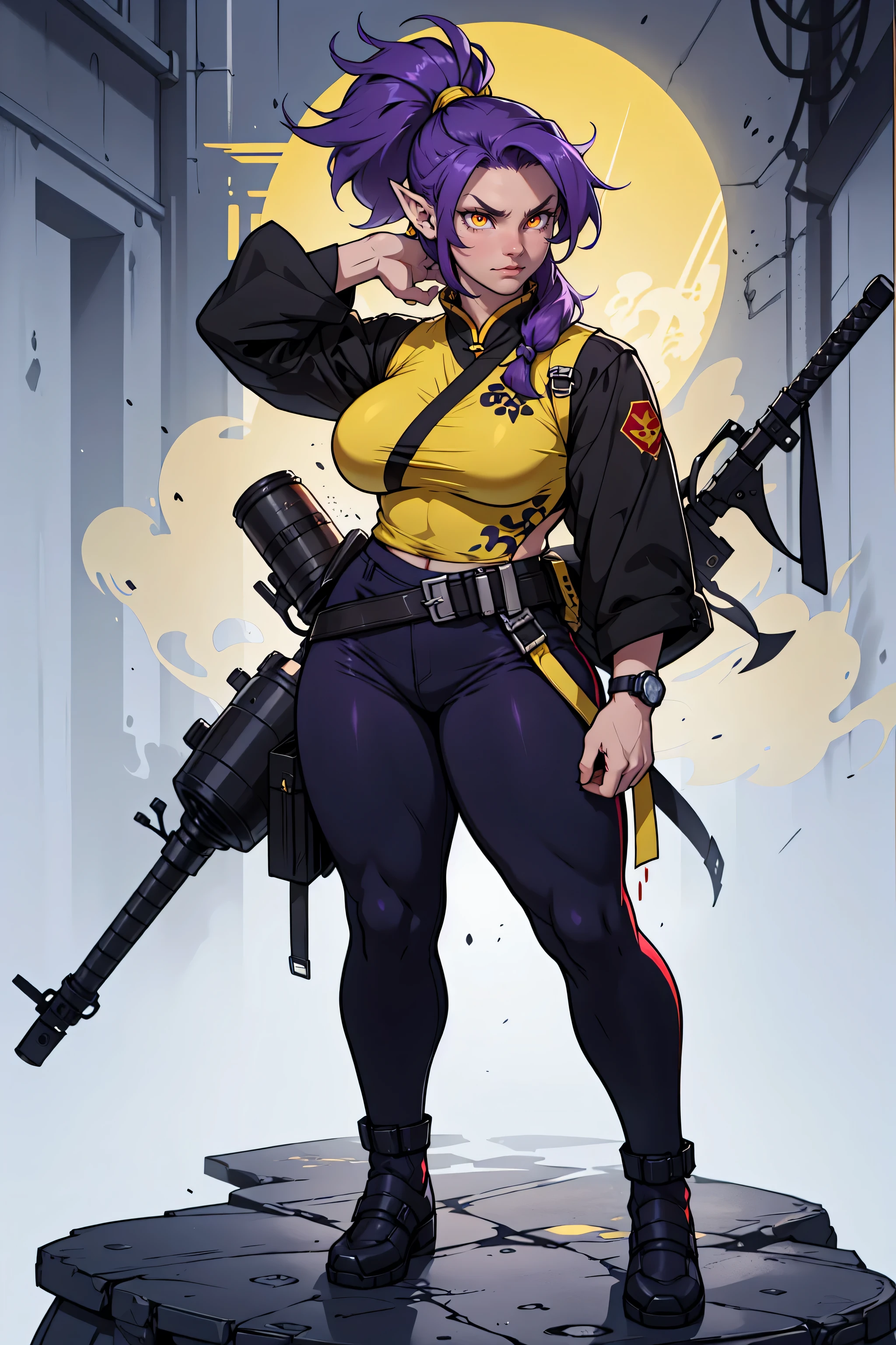 Assasin,full body , weapon in hand,pointy ears,white eyelashes, angry girl muscular girl large breasts, golden yellow eyes,glowing eyes, long hair,ponytail purple hair,staring eyes, circles around eyes, tired eyes,cool pose , blushing face,chinese outfit, scars on face,grenades in background, weapons, blood scatter