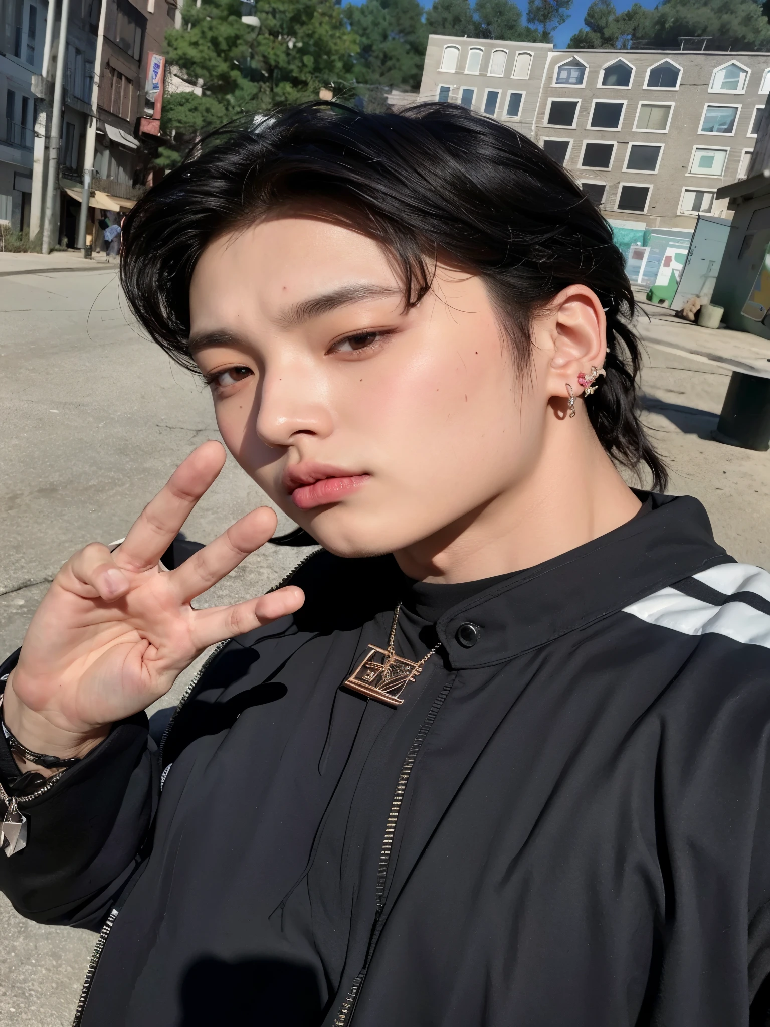 arafed asian man with black hair and piercings making a peace sign, cai xukun, hyung tae, hong junio hyung, Jinyoung Shin, jungkook, pale korean adorable face, pintar ulzzang, yanjun chengt, hombre surcoreano, kim doyoung, sakimichan, TaeJune Kim, Jung Jaehyun, inspirado en Yanjun Cheng , bts jungkook , bts , jeon jungkook , kpop boy , korean male face
