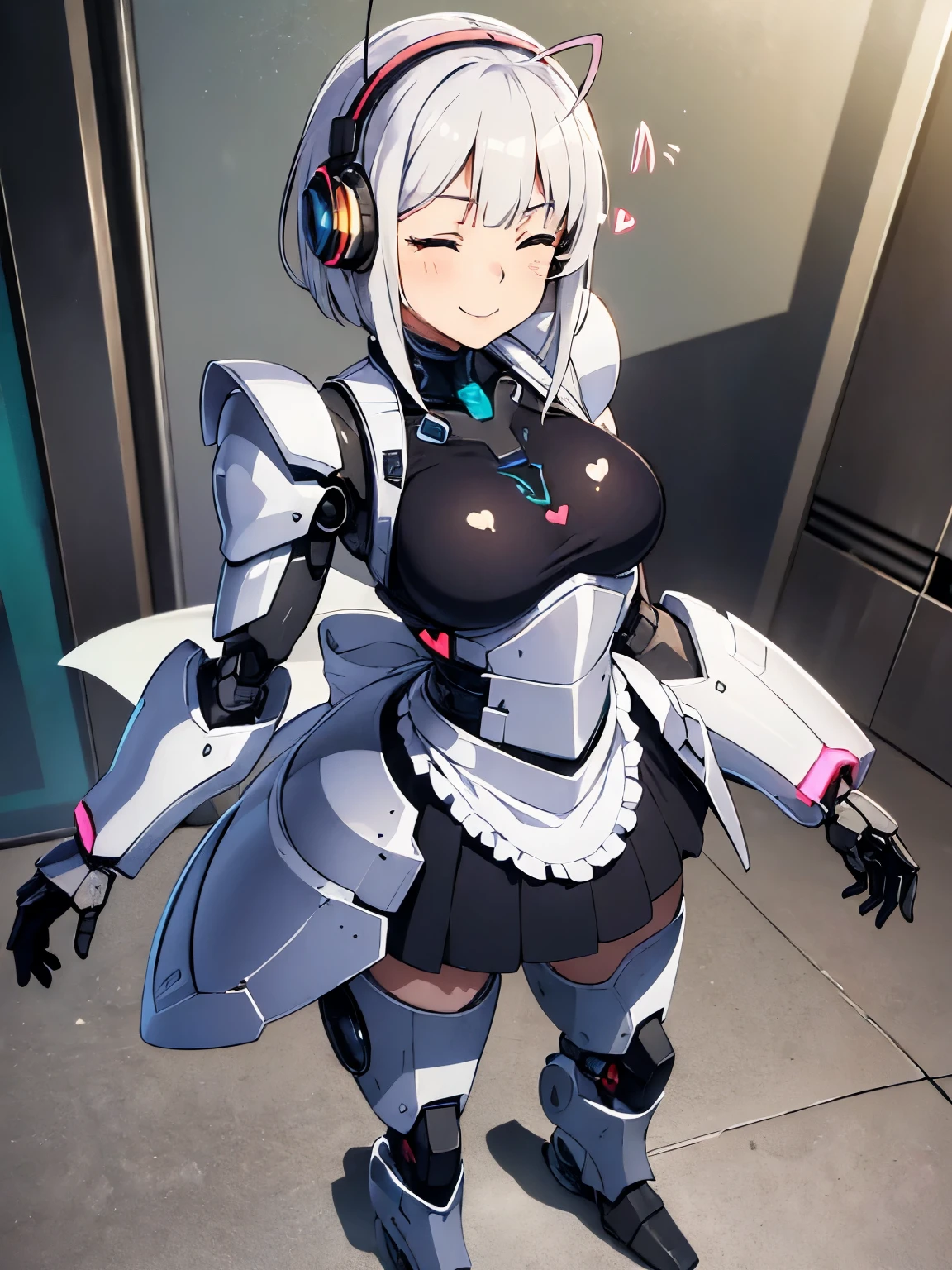 (((1 female:1.8)))、(((full body description)))、(((Standing depiction)))、(((9th class)))、Beautiful woman in moe pose in futuristic white shiny heavy armored robot suit、perfect android girl, gynoid cyborg body, perfect anime cyborg woman, beautiful female android!, female robot, fully robotized!! girl, Cute cyborg girl, cyber suit, メカサイバーアーマーを着たgirl, cyber suit, beutiful white girl cyborg, beautiful female android, Beautiful girl cyborg、Cute robot woman with white silver short bob hair、Gravure Model Android Beautiful Girl、(bright smile:1.3)、(((Headphones with long sensor antennas in both ears)))、(robot girl)、(((美しいgirlアンドロイド)))、(((重装甲メイド服を着たgirl)))、(((White heavy armored robot girl in maid clothes)))、(((White heavy armored robot beautiful girl in miniskirt and maid clothes)))、(((Beautiful girl in white heavy armored maid robot)))、(((Cyborg Maid Beautiful Girl)))、(((Robot beautiful girl wearing white shiny heavy armored maid clothes)))、(((waitress))),(laughter:1.2)、(one eye closed:1.2)、(heart hand:1.5)、Proper body proportions,table top,Ultra high quality output image,High resolution,intricate details,very delicate and beautiful hair,(Photoreal:1.3)realistic pictures,dream-like,professional lighting,realistic shadow,focus only,well-groomed face,Big eyes,beautiful hands,beautiful fingers,Detailed functions of fingers,Detailed features of the garment,Detailed characteristics of hair,detailed facial features,