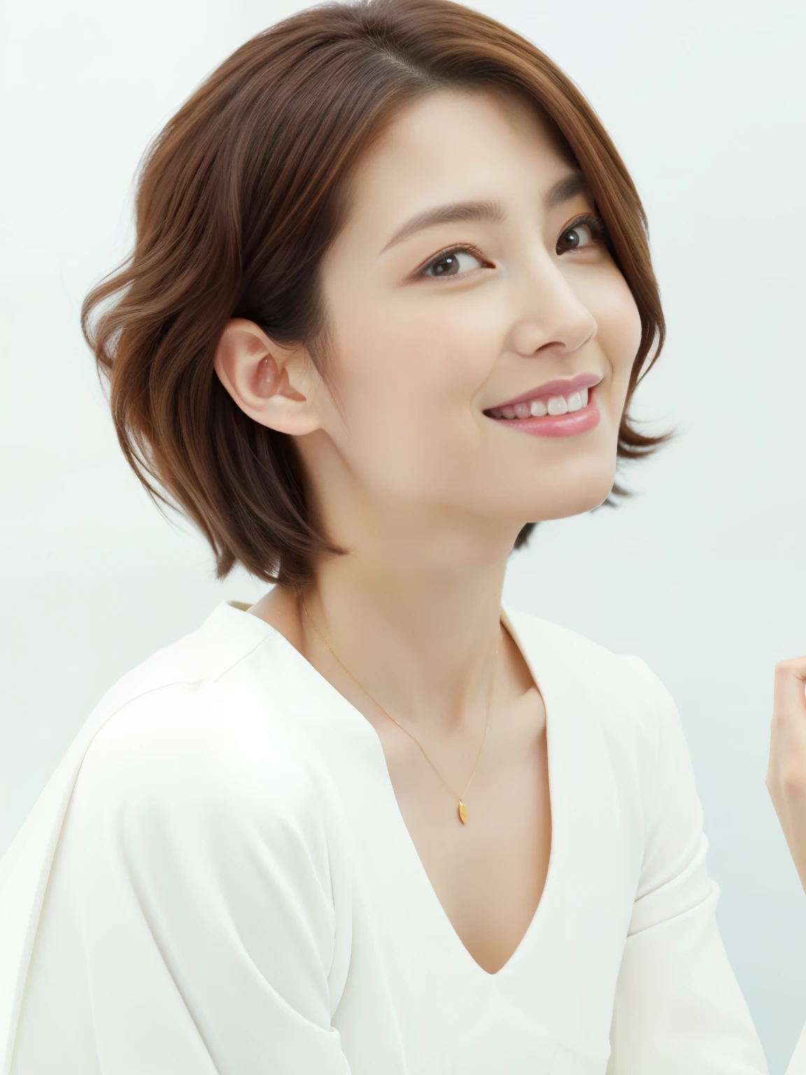 (highest quality、8K、32K、masterpiece、nffsw:1.2)、beautiful40Photos of Japanese women in their teens、mature woman、very short bobbed hair、Upper body、necklace、shot from above、Don't look at the camera、(realistic、Photoreal:1.37)、1 girl、Shot in natural light、Physically based rendering、excellent image quality、High resolution、1080P、(Detailed facial description)、(Detailed explanation of hands)、(Detailed CG)、Rich details、(exquisite features)、(best image quality)、(masterpiece)、(fine eyes)、delicate clavicle、Versatile poses、profile、white wall、Taken in front of the white door、(窓のあるwhite wallの部屋)、earrings、laughter、Spring clothes、 bob cut、bob hair、((Long sleeve dresses))