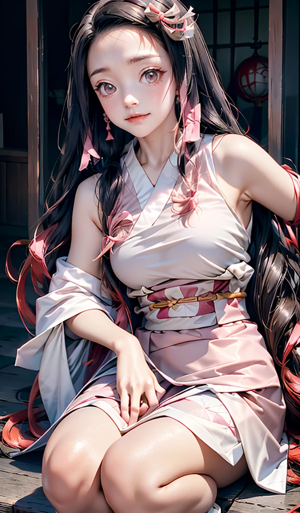 (*k) HD, Best quality, Works of masters, A high resolution, 1girll, nezuko kamada, ((nezuko of demon slayer)) Super beautiful face, super beautiful eye, Super beautiful hair，Trendy outfits，MagazineCover，Sexy and charming，Color explosion，Black color hair，Large hairpins，full bodyesbian，Squatted