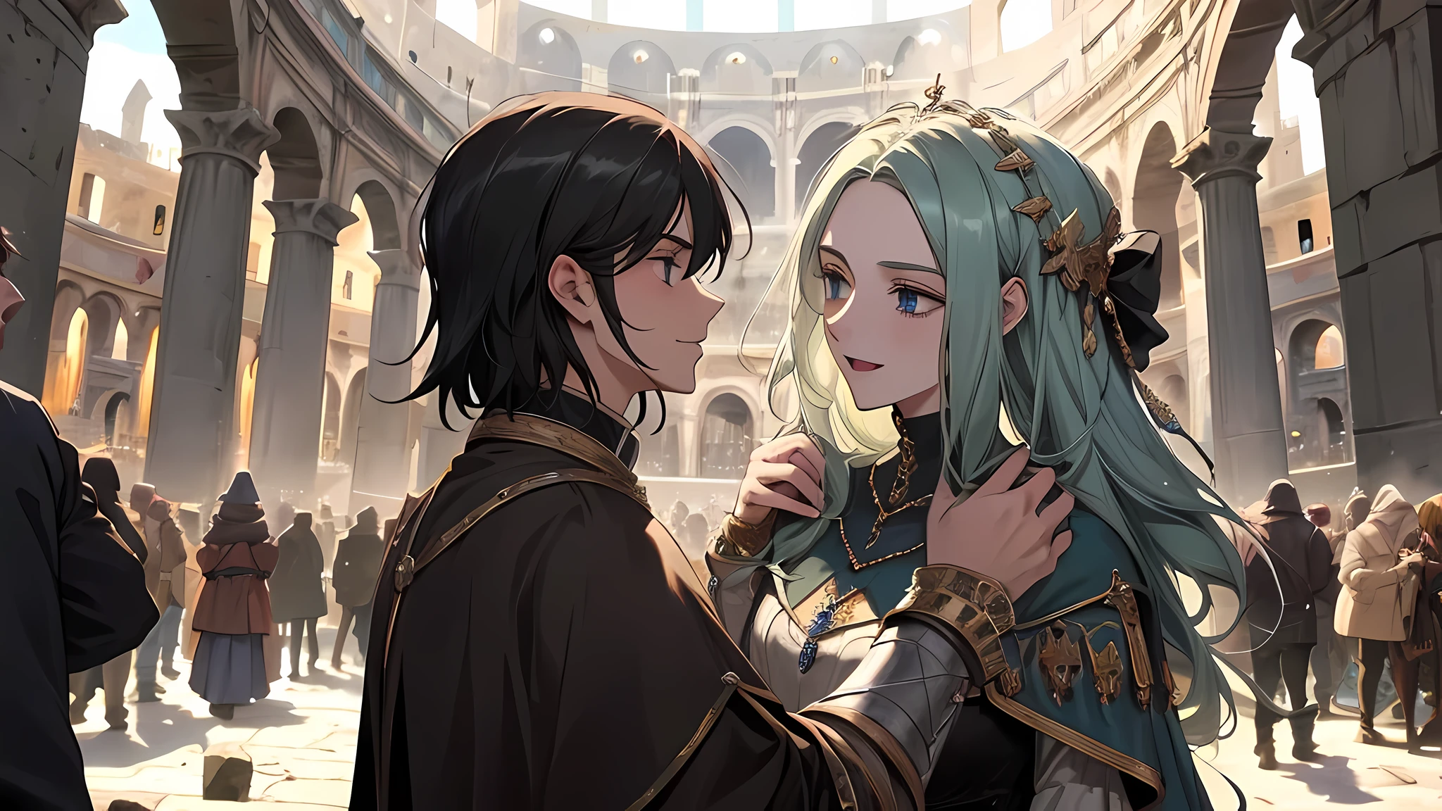 A crowd of people gathering in a square, excitedly whispering to each other, their expressions filled with surprise and envy, in colloseum, medieval times, 32k, best quality, masterpiece, super detail, high details,