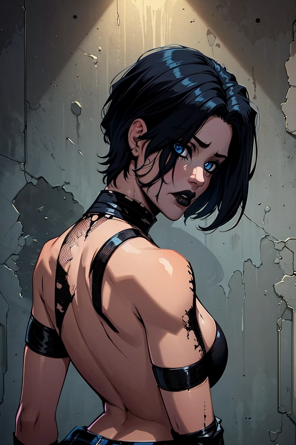 a woman with short black hair, hair on shoulders,  wearing a black cropped  and plaid skirt, blue eyes, zombie art, gothic art, cute aesthetic with vibe, toon aesthetic, wearing red costume, wearing gothic accessories, look like Cassie Hack, upper body, zombie background, backwards, looking back