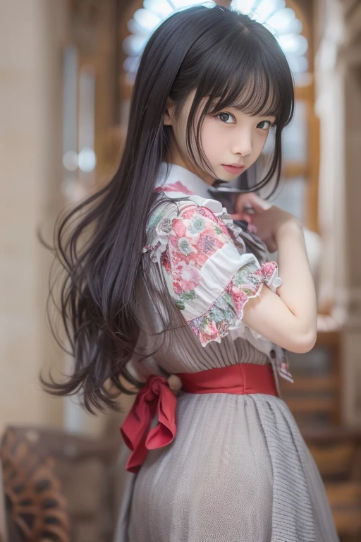 (arms behind back) , masterpiece , top quality , very detailed , 1 person, ((contrasting eyes)) , standing , blouse, skirt , bangs , room , indoor