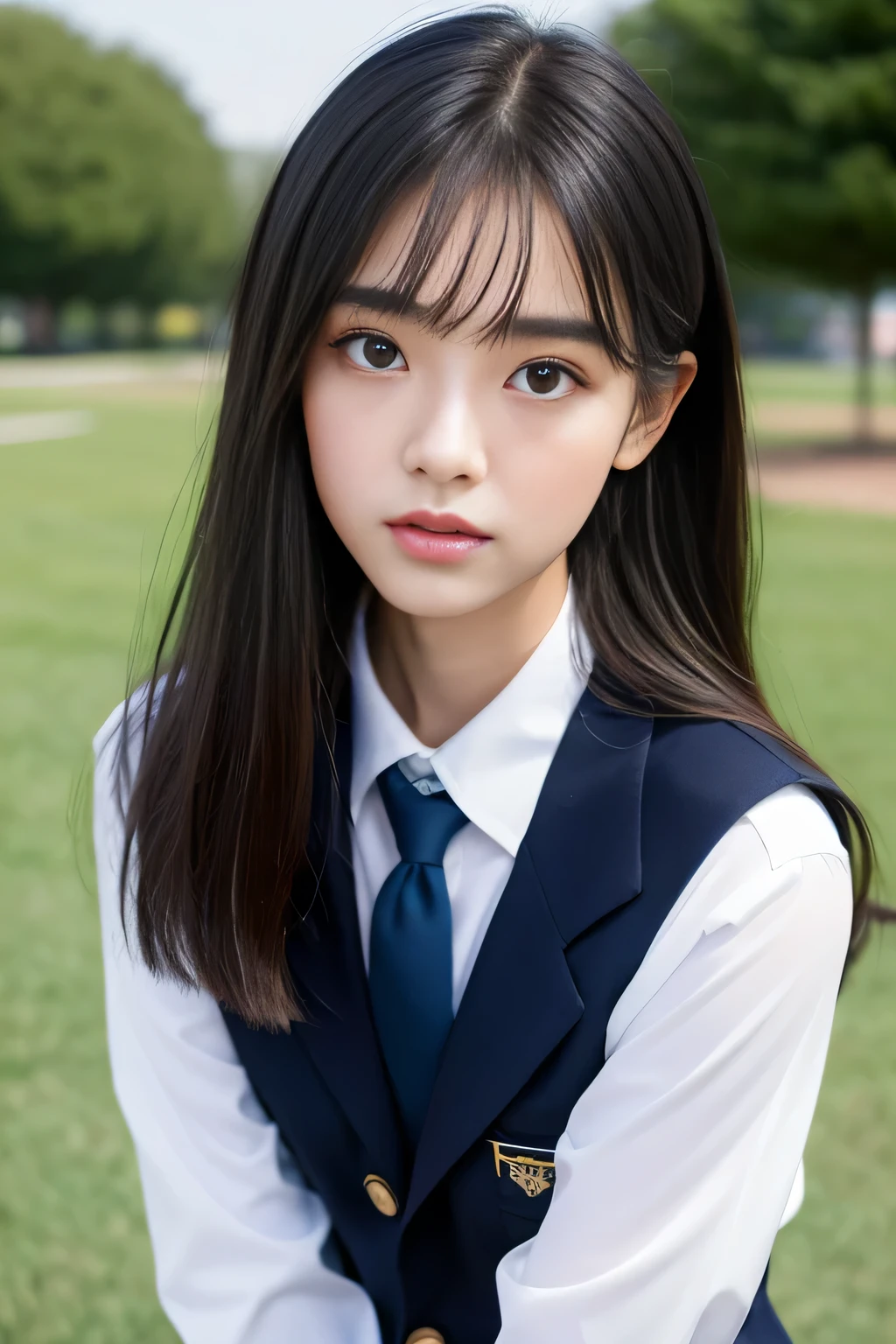 neat 、( uniform、Large, loose shirt、、16 year old girl、My shirt is wet、sheer white shirt、navy blue ribbon on collar、School uniform Blazer、Dark blue pleated micro mini)、outside the athletics stadium、()、Photoreal、be familiar with, skin texture, 超be familiar withな、delicate and sexy clavicle、超be familiar withな顔、be familiar withな唇、be familiar with eye、double eyelid、small breasts、Smaller chest、mall、flat chest、chest enhancement、A very painful look、very shy look、pantyhose、、thighs