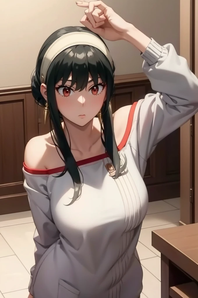 hight resolution、masterpiece、1girl in、Bjorf、A dark-haired、short hair with long locks、white hairband、Look up、Kamimei、bending forward、smile、Bring your face closer、Red Eyes、Gold Earrings、Jewelry、off shoulders、Red Sweater、long-sleeve, looking at camera