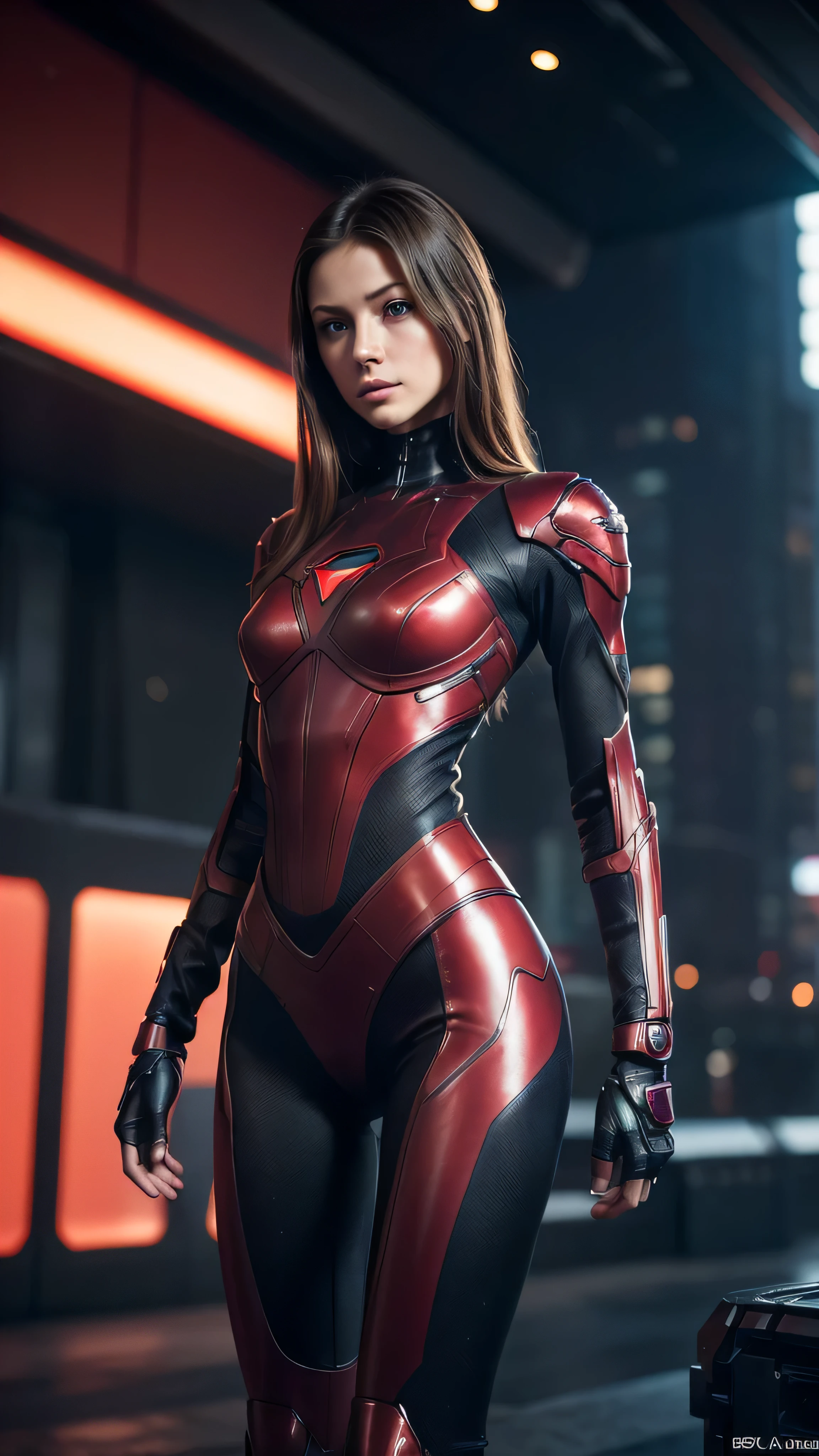 ((masterpiece, 8K, 3D, Realistic, Super Detail)), (1girl:1.3), slender age, Ultra Micro photography, Melissa Benoist Super realistic, Perfect face, 16K resolution, 4k resolution, The photo was taken from the Front, facing to the photographer, Foreground photo, dynamic lighting, high-definition resolution, Beautiful features, ((Perfect female Model Slim body)) Beautiful features, ((small hip)), (((2 piece armor Bikini))), Sci-fi futuristic, ((Evangelion Red Plugsuit armor)) ((bionic Fragmented Evangelion Plugsuit chest armor suit)), Futuristic soldier, ((Exposed thighs)), wear mesh metal-stockings, ((slim thighs)), ((bionic red thighs Steel armor)), Front Full body Shot, full body portrait, perfect legs, shoes, futuristic city background
