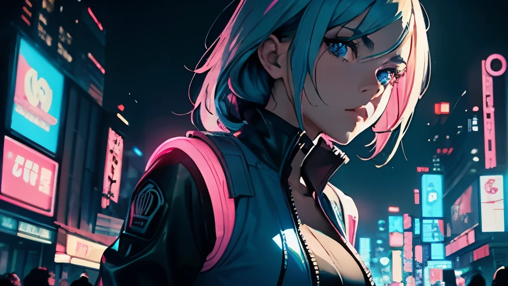 4K, A high resolution, Best quality at best, masterpiece, perfect colors, perfect shadow, perfect lighting, ((sportrait)), 1woman, fit-muscled body, bright yellow eyes,dark blue hair , blue eyes, With round lenses, The audience watched carefully, (s face: 1.2), Perfect female figure, ((standing)), ((neon pink vest leather suit)), ((shy and looking at viewert)), (Perfect thick white eyebrows) Delicate fur, 详细s face, s the perfect face, At a fantasy cyberpunk city , (model pose standing), energetic background, perfect city skyscape, lighting atmosphere, ((Bonifasko lighting)), (The round lenses on his eyes)(詳細な目), Perfect student, face close up, nipple bumps