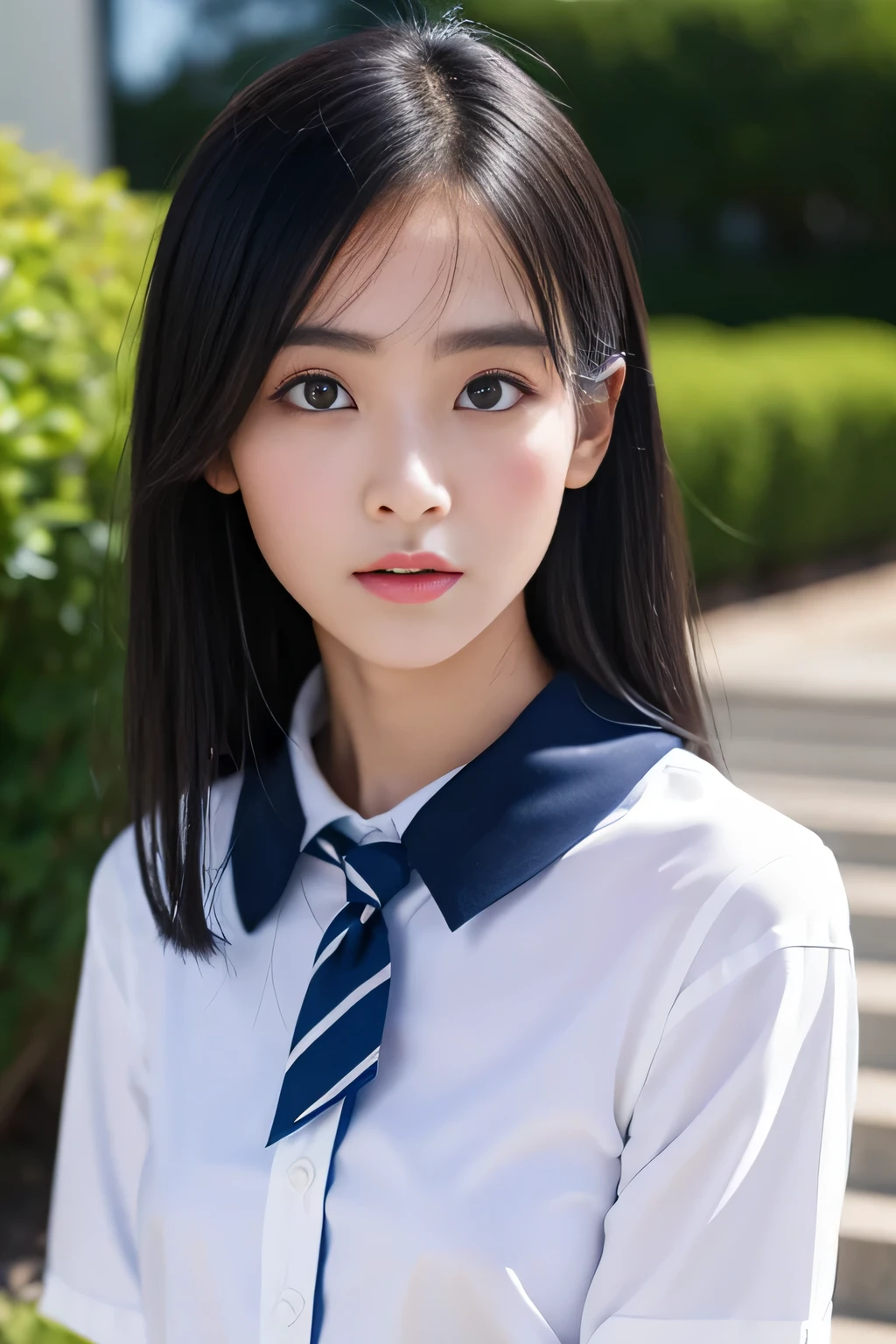 neat 、( uniform、Large, loose shirt、、16 year old girl、My shirt is wet、sheer white shirt、navy blue ribbon on collar、School uniform Blazer、Dark blue pleated micro mini)、outside the athletics stadium、()、Photoreal、be familiar with, skin texture, 超be familiar withな、delicate and sexy clavicle、超be familiar withな顔、be familiar withな唇、be familiar with eye、double eyelid、small breasts、Smaller chest、mall、flat chest、chest enhancement、A very painful look、very shy look、pantyhose、、thighs