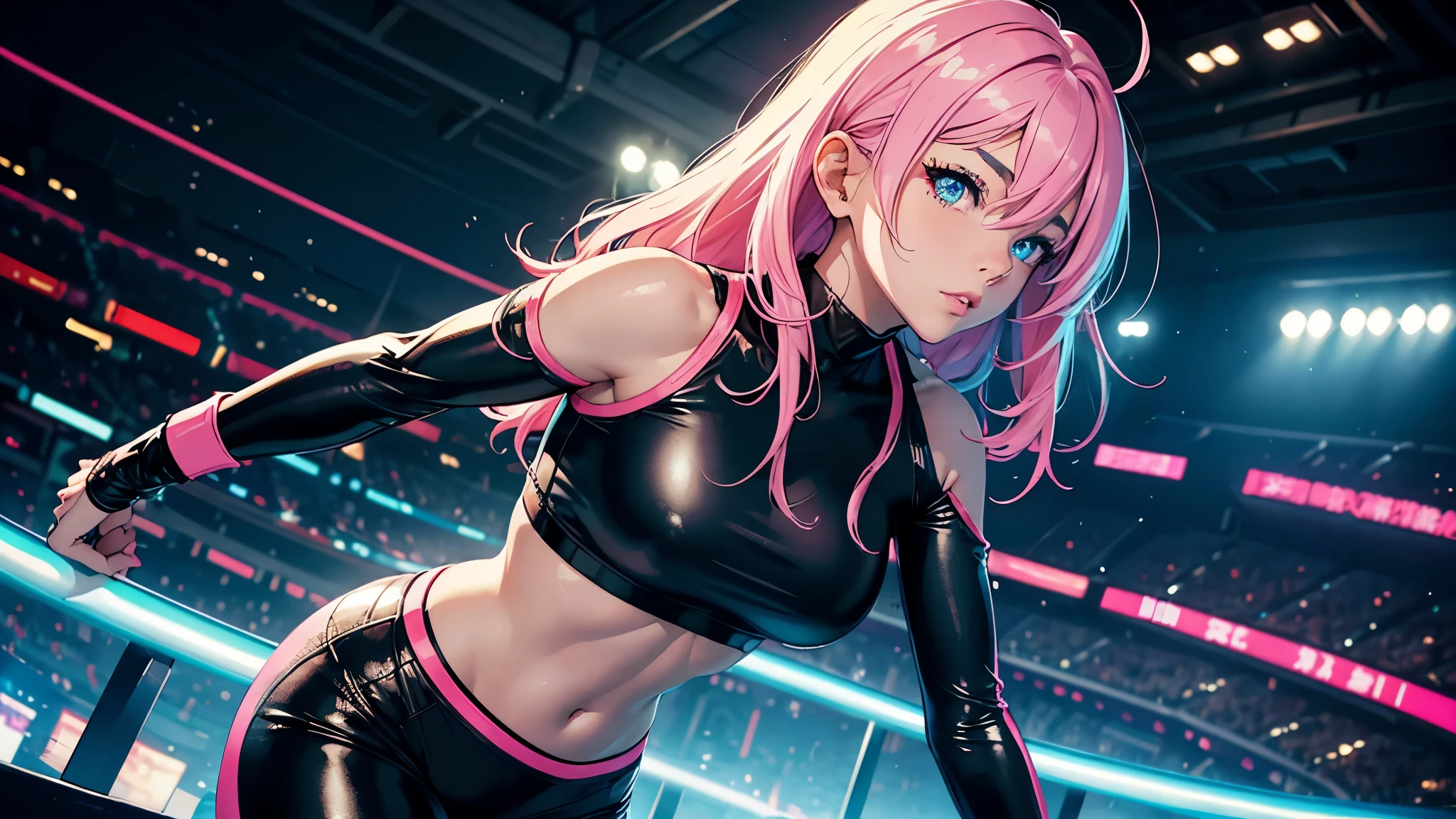 4K, A high resolution, Best quality at best, masterpiece, perfect colors, perfect shadow, perfect litthing, ((sportrait)), 1woman, fit-muscled body, bright yellow eyes,dark blue hair , blue eyes, With round lenses, The audience watched carefully, (s face: 1.2), Perfect female figure, ((standing)), ((neon pink Tight crop top leather suit)), ((shy and looking at viewert)), (Perfect thick white eyebrows) Delicate fur, 详细s face, s the perfect face, At a fantasy cyberpunk city , (model pose standing), energetic background, perfect city skyscape, lighting atmosphere, ((Bonifasko lighting)), (The round lenses on his eyes)(詳細な目), Perfect student, face close up