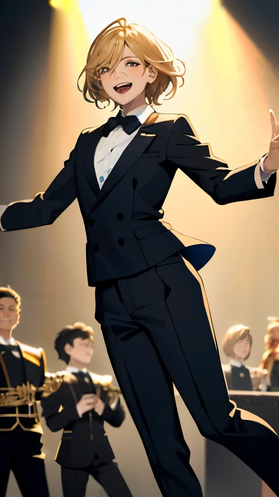 ((Masterpiece, highest quality)), whole body, mid shot, as the female crossdresser throws her hands out in excitement, wearing a well-tailored tuxedo with black pants, a blonde wig, and small breasts, smiling delightedly in the brass band concert's spotlight.