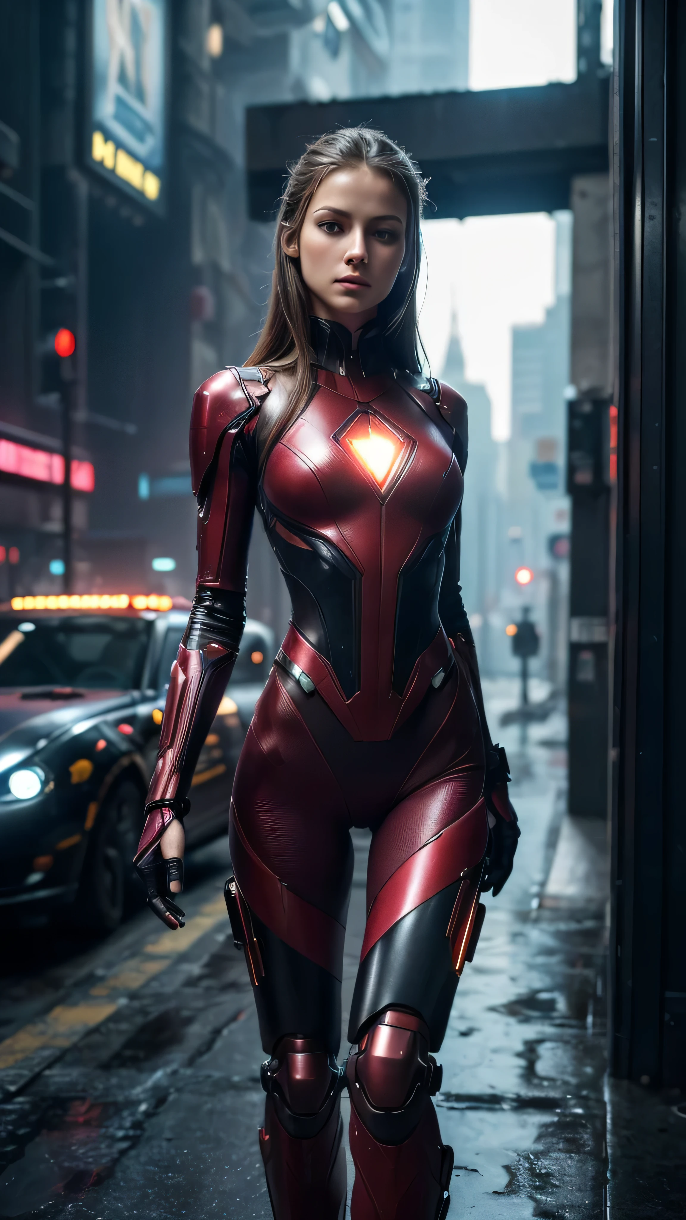 ((masterpiece, 8K, 3D, Realistic, Super Detail)), (1girl:1.3), slender 17 age, Ultra Micro photography, Super realistic, Perfect face, Beautiful features, ((Perfect female body)) Beautiful features, ( body), ((small hips)), Melissa Benoist as Red Cyberpunk Mech suit ((Exposed thigh)), Exposed Skin, Front Full body Shot, full body portrait, futuristic city background
