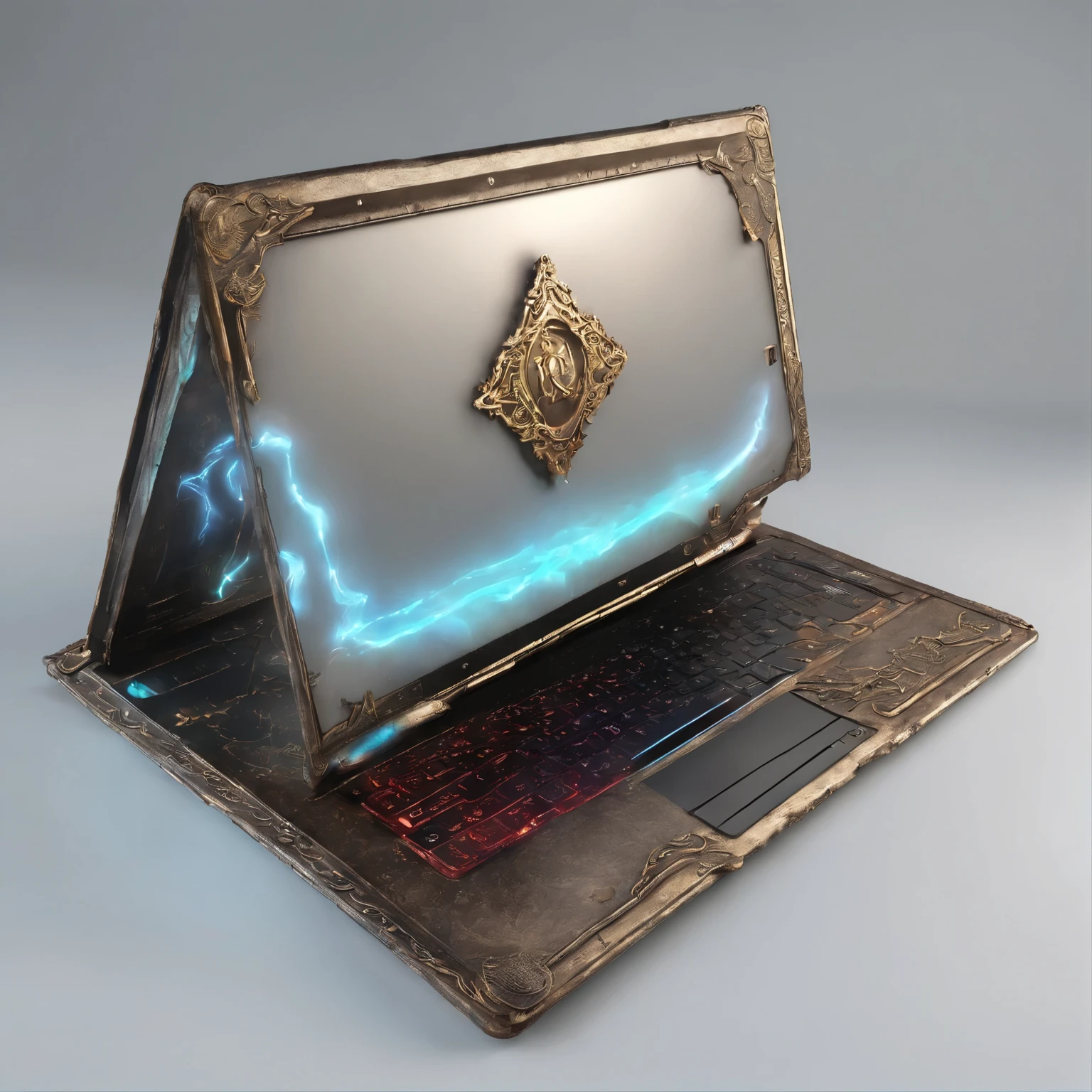 (Best quality,4K,8K,A high resolution,Masterpiece:1.2),Ultra-detailed,(Realistic,Photorealistic,photo-realistic:1.37), 8k laptop render, multiple ports at the front, a gaming laptop, custom laptop, glowing rune symbols on the left and the right of the trackpad detachable screen, rune letters on the side of the laptop, full view, laptop made of magical iron, rune markings on the body of the laptop, RGB lights, colorful lights full device, big laptop, sci-fi laptop, futuristic laptop, fantasy laptop, magical laptop