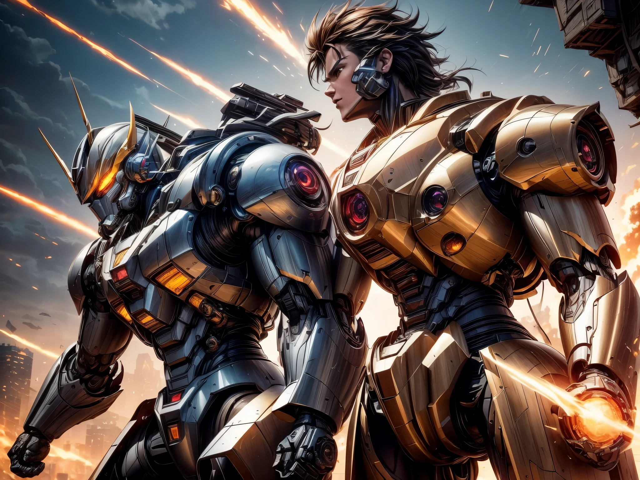 Mecha Warrior and a 

(best quality,4k,8k,highres,masterpiece:1.2),ultra-detailed,(realistic,photorealistic,photo-realistic:1.37),mechanical warrior,artistic rendering,[steampunk],[cityscape],futuristic technology[advanced],[gigantic mech],[spirited],[uniform],exploring together,heroic poses,city destruction,[post-apocalyptic],fierce battles,flying debris,[dynamic action],intense lighting,metallic armor shining,vivid colors[contrasting],detailed facial expressions,massive energy weapons,impressive special effects,anime influences[anime style],[mechanical joints],high-tech gadgets,urban decay,emerging smoke,wild winds blowing hair,atmospheric [atmosphere],tension in the air,last stand against evil,roller-coaster of emotions[intense],epic clash of two worlds