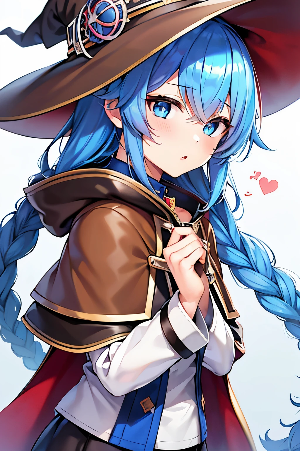 (best quality), (masterpiece), ((beautiful:0.75) cute girl:0.75), [clear and clean] pixiv (illustration), (roxy migurdia:1.25), blue eyes, blue hair, bangs, brown cape, witch hat, braid,  