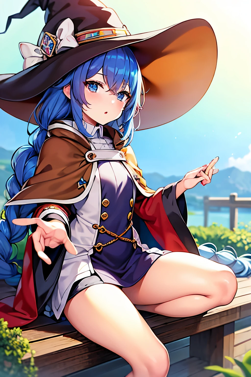 (best quality), (masterpiece), ((beautiful:0.75) cute girl:0.75), [clear and clean] pixiv (illustration), (roxy migurdia:1.25), blue eyes, blue hair, bangs, brown cape, witch hat, braid,  