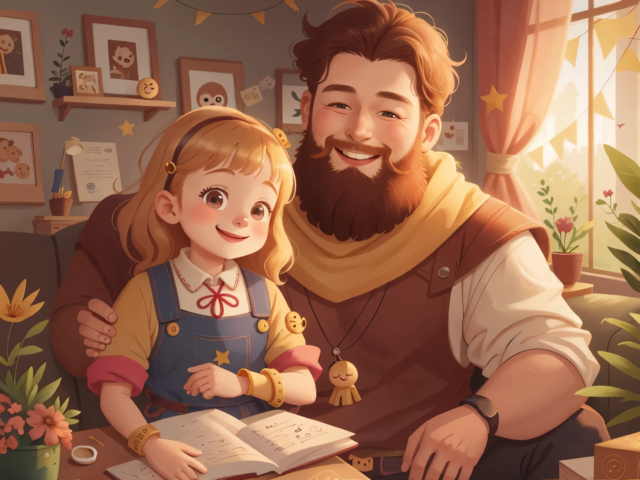 [[[Super detailed, best quality, beautiful, 4K, detailed faces, medieval story]]], (((smiley face))), blond bearded father holding his daughter while sitting on the sofa, cozy home, joy, Happy, happy, blond, happy family, colorful children's book illustration