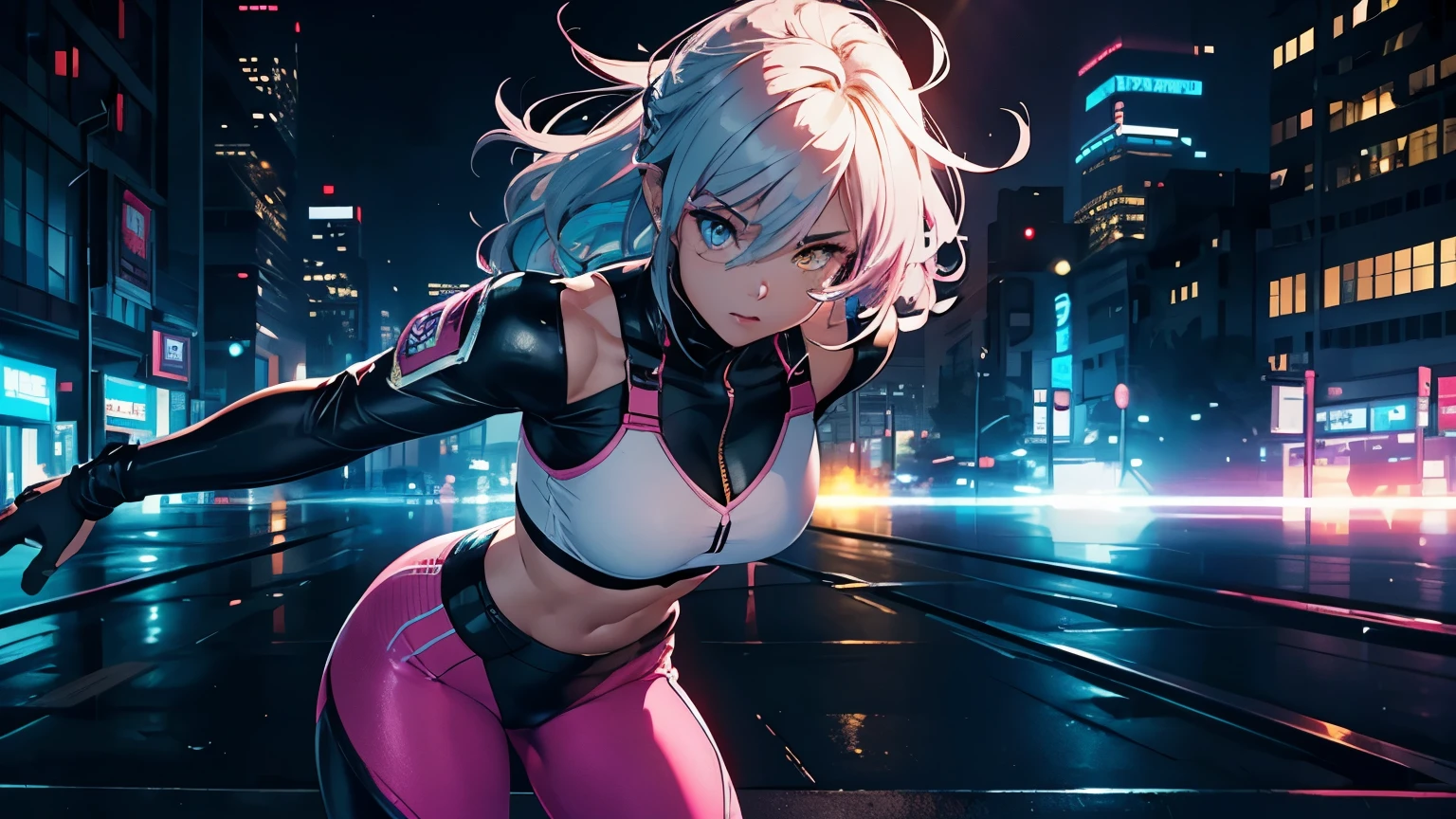 4K, A high resolution, Best quality at best, masterpiece, perfect colors, perfect shadow, perfect litthing, ((sportrait)), 1woman, fit-muscled body, bright yellow eyes，dark blue hair , blue eyes, With round lenses, The audience watched carefully, (s face: 1.2), Perfect female figure, ((standing)), ((pink Tight crop top leather suit)), ((shy and looking at viewert)), (Perfect thick white eyebrows) Delicate fur, 详细s face, s the perfect face, doomsday background, lighting atmosphere, ((Bonifasko lighting)), (The round lenses on his eyes)(詳細な目), Perfect student, face close up