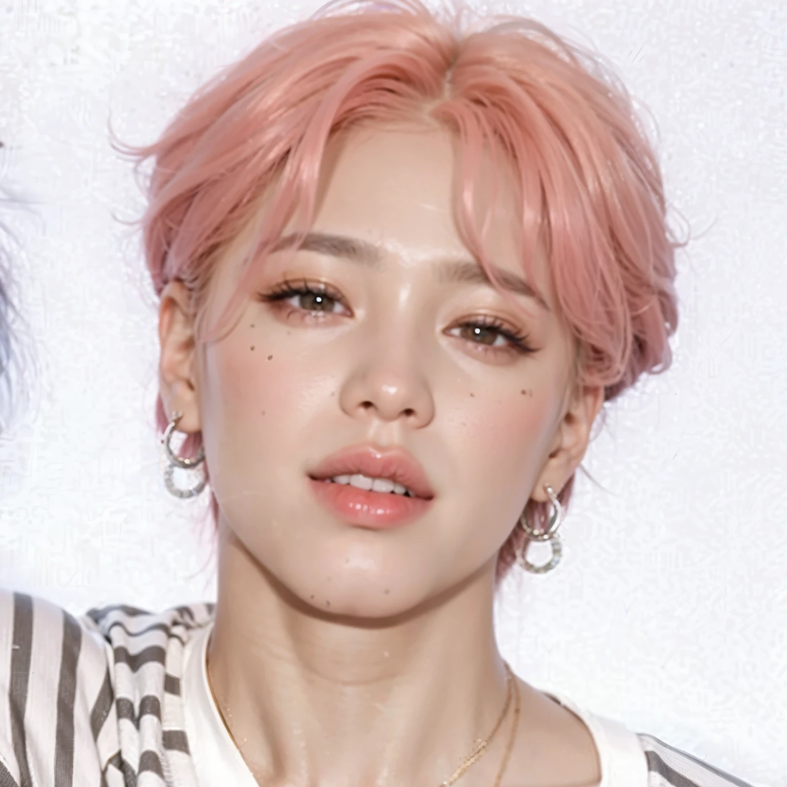 um close up de uma pessoa com um cabelo rosa e um colar, Jimin\the full lips, accurate Jimin face, Jimin\the right eyelid is swollen, park Jimin, Jimin\o nariz grego, Jimin, Yoongi de cabelo preto, tom de pele rosa pastel, com cabelo rosa, glowing peach face, ele tem cabelos grisalhos escuros, pink iconic character