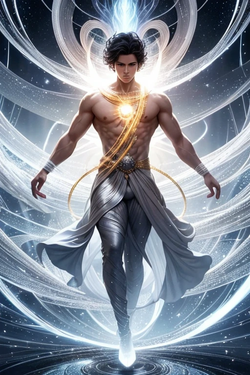 A full-bodied young man short black hair humanoid flying in a sea of silver particles, his hair radiating with a golden light. Her body is detailed with silver orb spirals and a kundalini energy that glows from within, following by a striking thunder,super wide view,dramatic scene,long expossure, slow motion