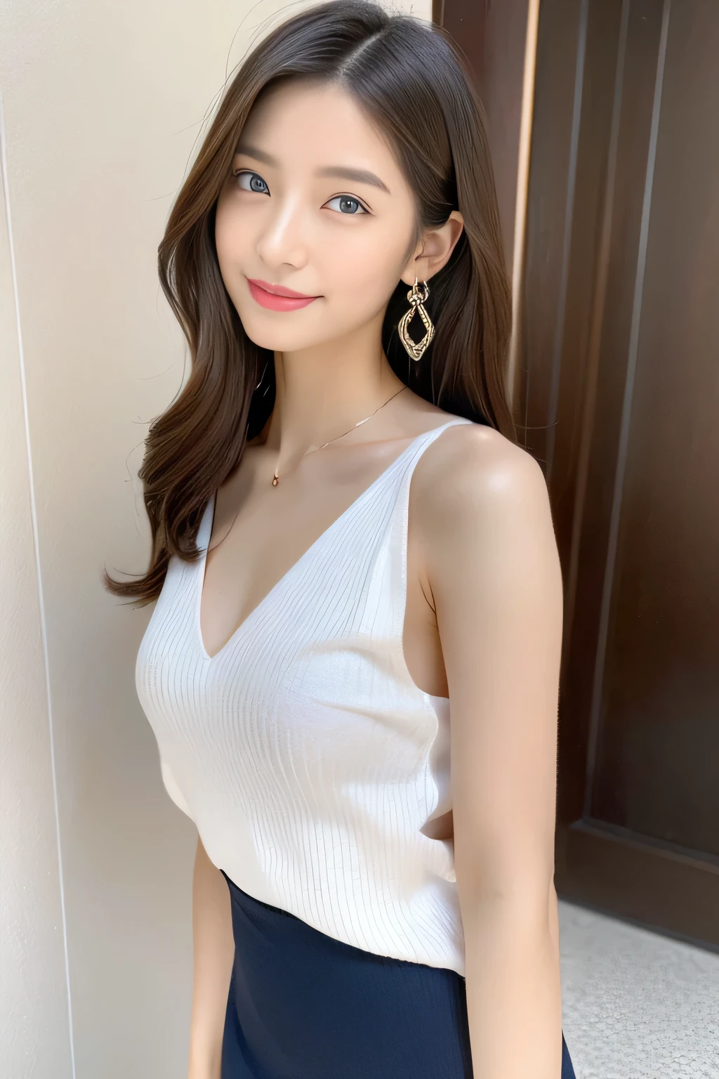 highest quality, masterpiece, Ultra-high resolution, realistic:1.3, solo:1.3, ((Clear Face)), cowboy shot:1.1, from front, leaning forward, (glowing skin), (looking at camera:1.3), (white Wrap top, black leather skirt), standing in room, leaning forward, (medium chest:1.3), long hair, smile, soft brightness