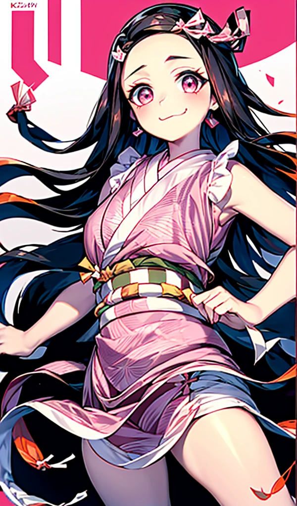 (*k) HD, Best quality, Works of masters, A high resolution, 1girll, nezuko kamada, ((nezuko of demon slayer)) Super beautiful face, super beautiful eye, Super beautiful hair,Trendy outfits,MagazineCover,Sexy and charming,Color explosion,Black color hair,Large hairpins,full bodyesbian,Squatted