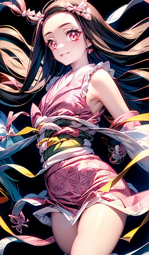 (*k) HD, Best quality, Works of masters, A high resolution, 1girll, nezuko kamada, ((nezuko of demon slayer)) Super beautiful face, super beautiful eye, Super beautiful hair，Trendy outfits，MagazineCover，Sexy and charming，Color explosion，Black color hair，Large hairpins，full bodyesbian，Squatted