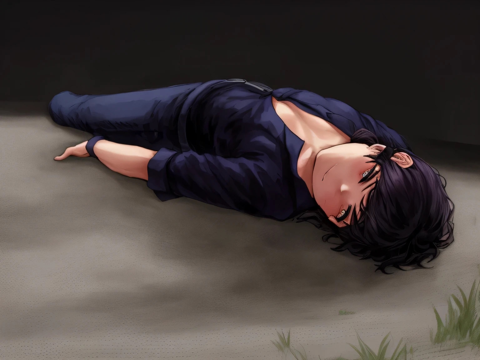 there is a man laying on the floor with his head down, lying on the ground, laying on the ground, lying dynamic pose, lying on back, lying on an empty, lying down, sprawled out, lying scattered across an empty, head tilted down, crawling out of a dark room, desperate pose, unconscious, posing like a falling model, dramatic floating pose