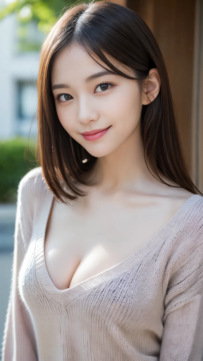 (最高masterpiece:1.3), (8K, Photoreal, Raw photo, best image quality: 1.4), japanese girl、、(random hairstyle:1.2)、(cleavage:1.2)、super detail face、eye for details、double eyelid、chest to chest、sharp focus:1.2、(cute woman:1.4)、light brown hair、highest quality、masterpiece、Super high resolution、(Photoreal:1.4)、Highly detailed and professionally lit smiles、loose and light knitwear、thin、smile、long hair、upper body portrait