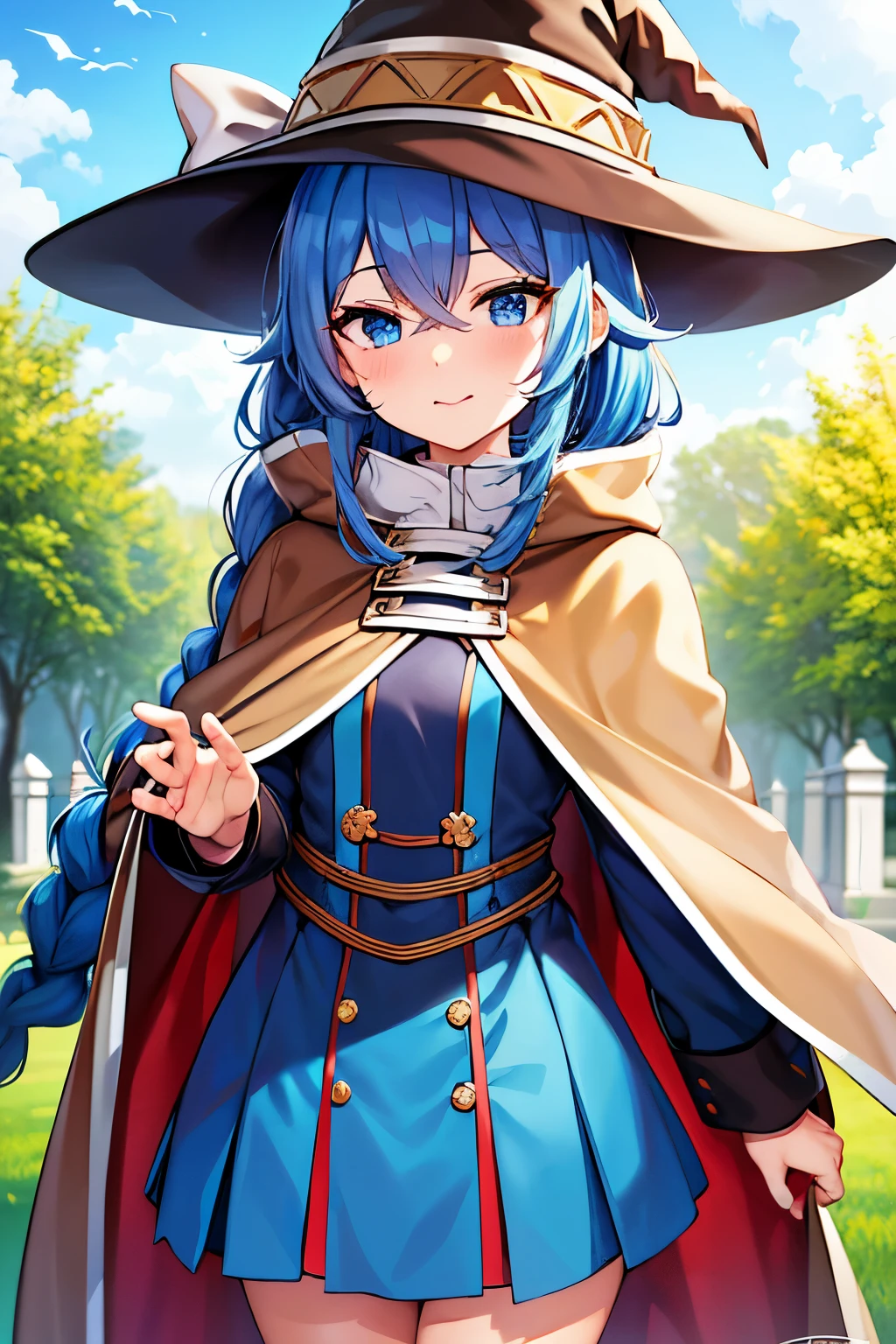 (best quality), (masterpiece), ((beautiful:0.75) cute girl:0.75), [clear and clean] pixiv (illustration), (roxy migurdia:1.25), blue eyes, blue hair, bangs, brown cape, witch hat, braid,  