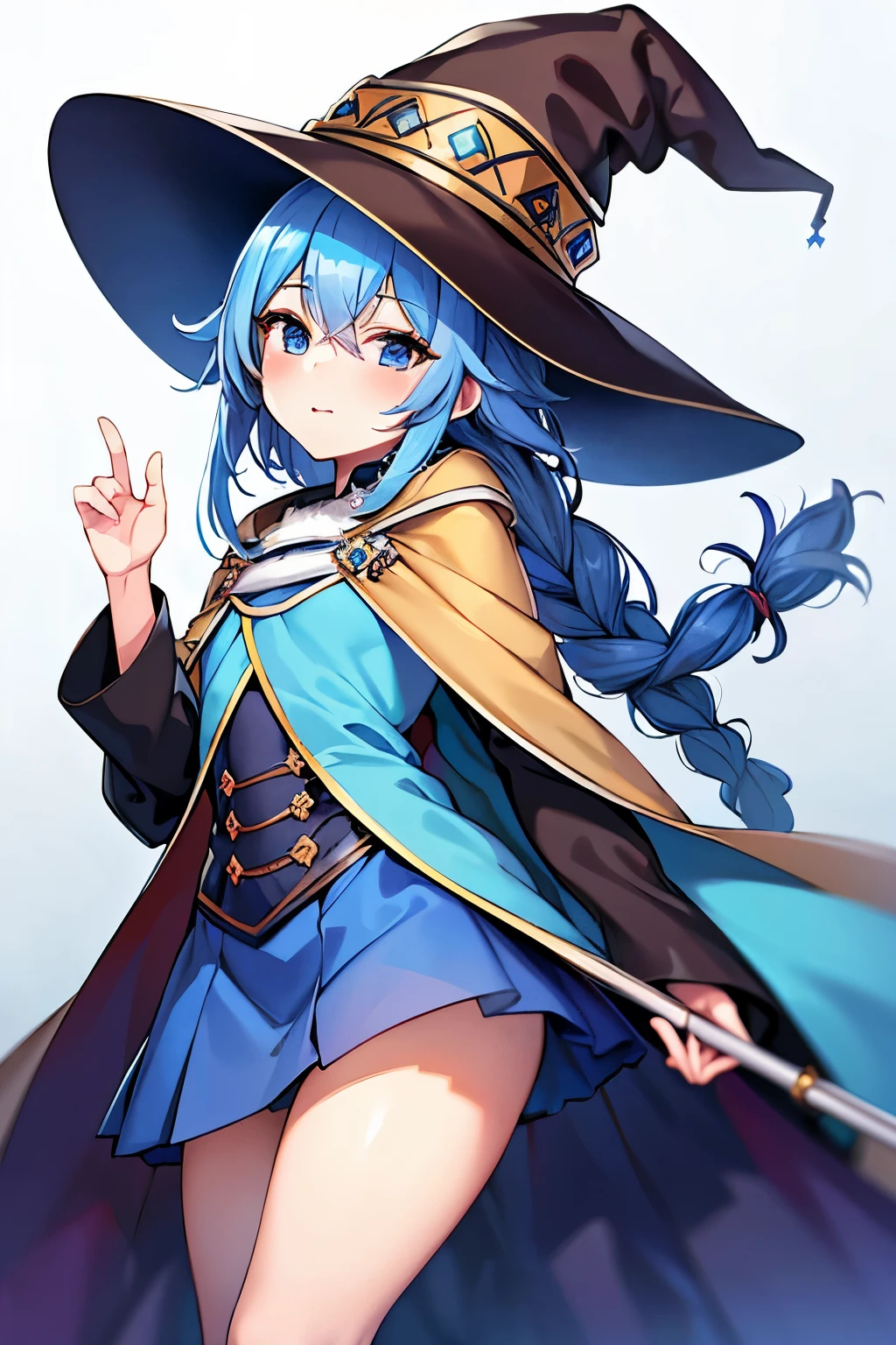 (best quality), (masterpiece), ((beautiful:0.75) cute girl:0.75), [clear and clean] pixiv (illustration), (roxy migurdia:1.25), blue eyes, blue hair, bangs, brown cape, witch hat, braid,  