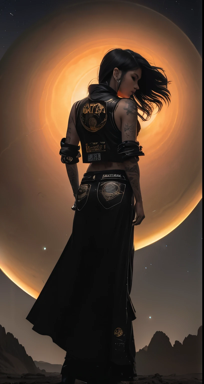 Tall Tough tattooed biker chick with two strong legs dancing on Saturn's moon Calisto, looking like a creation that could actually survive there, magic, art, wind, wind blown, spark, lightshow, fireflies, watching the rise of the distant Sun, with Saturn fully visible in the foreground, 36k resolution Kodak professional photography, hyperdetailed, Waiting to start