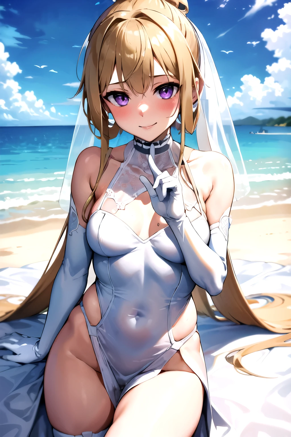 masterpiece, best quality, highres, high_definition, very long hair, a beach, 1girl, solo, a woman in a sexy bridal dress, white glove, sexy pose, blush, little smile, bangs, hair_between_eyes, purple eyes, blond hair, ponytail, medium_breasts, sexy lingerie, seductive pose, sexy pose, very long hair, bridal veil, 