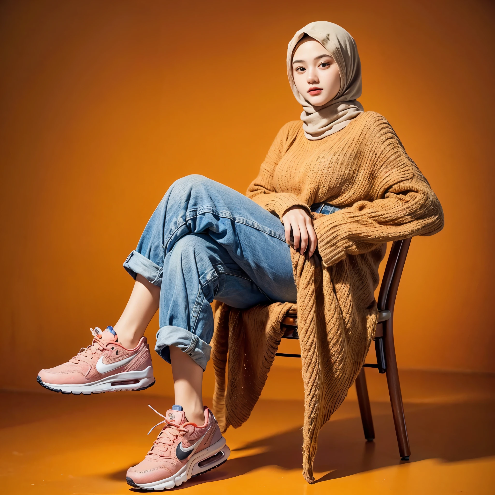 masterpiece of a  girl,wearing an orange knit sleeved drees, wearing a hijab, wearing long Levis trousers, wearing Nike (Air Max) shoes, sitting elegantly in a chair like a model, elegant pose, faint smile, very detailed, bright orange background, photoshot, photography, realistic