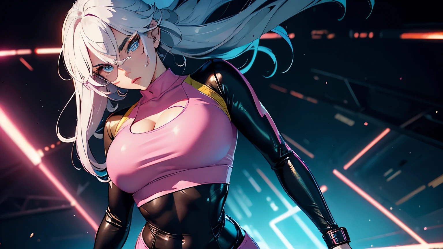 4K, A high resolution, Best quality at best, masterpiece, perfect colors, perfect shadow, perfect litthing, ((sportrait)), 1woman, fit-muscled body, bright yellow eyes,dark blue hair , blue eyes, With round lenses, The audience watched carefully, (s face: 1.2), Perfect female figure, ((standing)), ((pink Tight crop top leather suit)), ((shy and looking at viewert)), (Perfect thick white eyebrows) Delicate fur, 详细s face, s the perfect face, doomsday background, lighting atmosphere, ((Bonifasko lighting)), (The round lenses on his eyes)(詳細な目), Perfect student, face close up